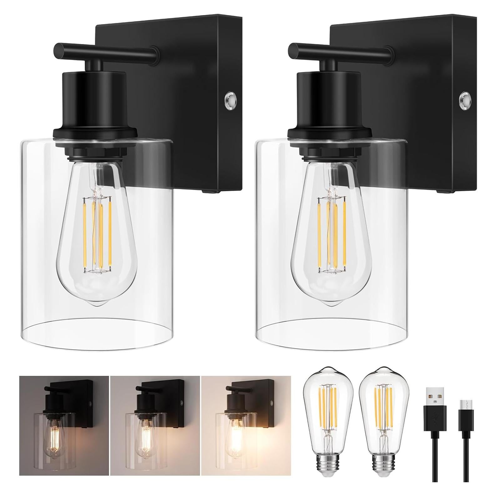 Battery Operated Wall Sconce Set of 2, Black Wireless Rechargeable Wall Mounted Lamp with Bulb, Modern Dimmable Indoor Non-Hardwired Decor Lighting Fixture for Bedroom Living Room Mirror Bathroom