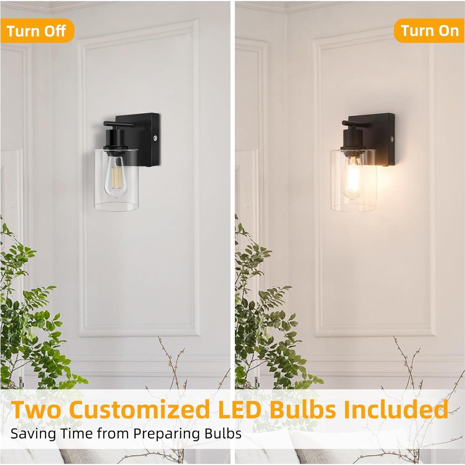 Battery Operated Wall Sconce Set of 2, Black Wireless Rechargeable Wall Mounted Lamp with Bulb, Modern Dimmable Indoor Non-Hardwired Decor Lighting Fixture for Bedroom Living Room Mirror Bathroom