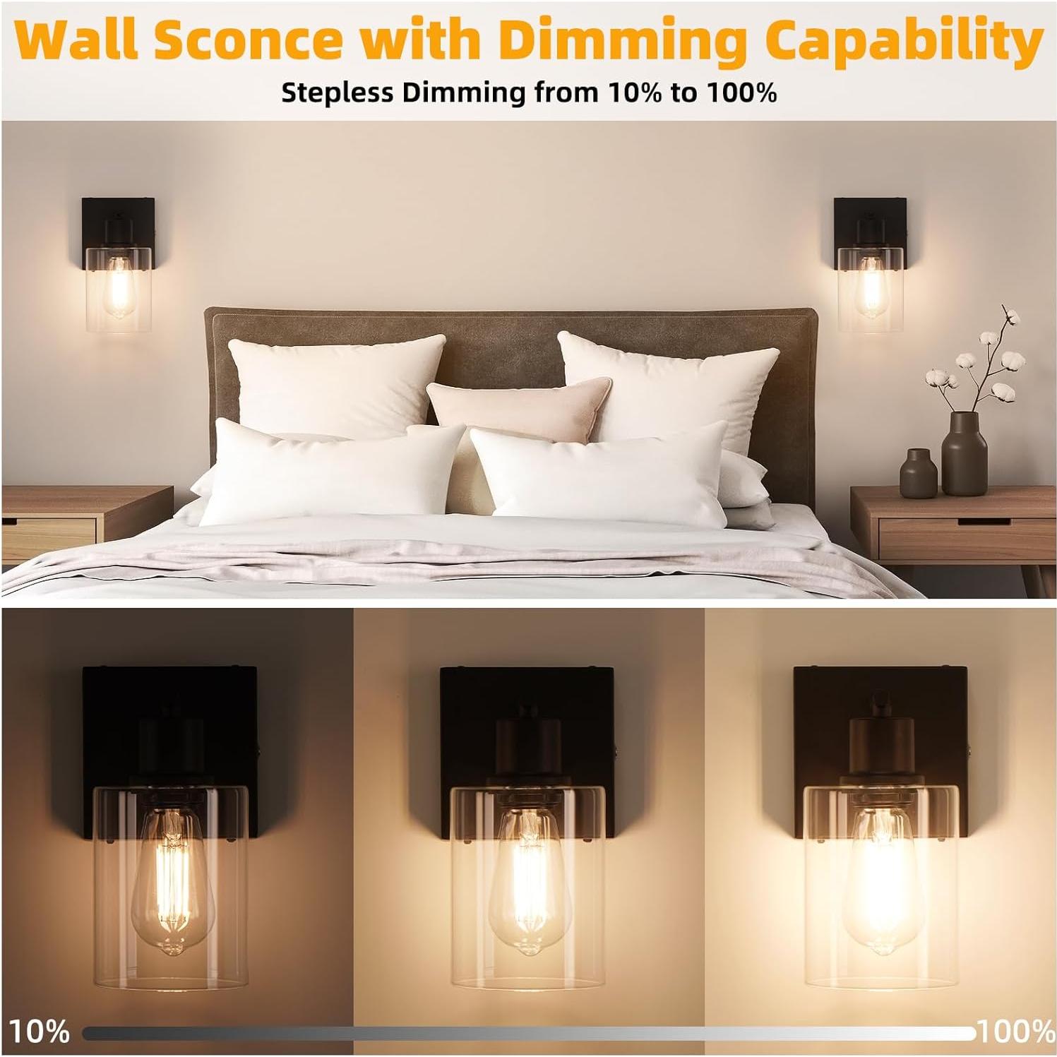 Battery Operated Wall Sconce Set of 2, Black Wireless Rechargeable Wall Mounted Lamp with Bulb, Modern Dimmable Indoor Non-Hardwired Decor Lighting Fixture for Bedroom Living Room Mirror Bathroom