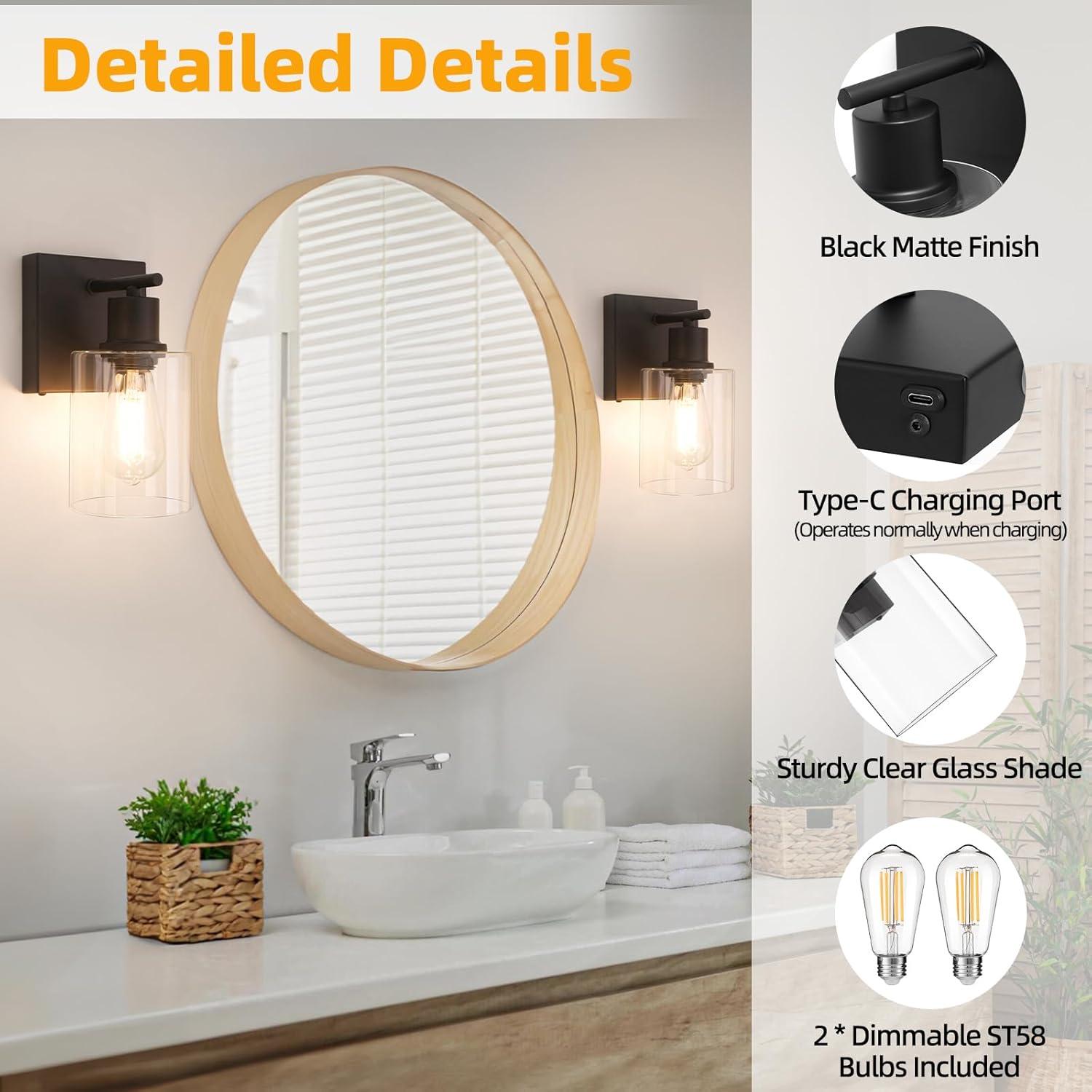 Battery Operated Wall Sconce Set of 2, Black Wireless Rechargeable Wall Mounted Lamp with Bulb, Modern Dimmable Indoor Non-Hardwired Decor Lighting Fixture for Bedroom Living Room Mirror Bathroom