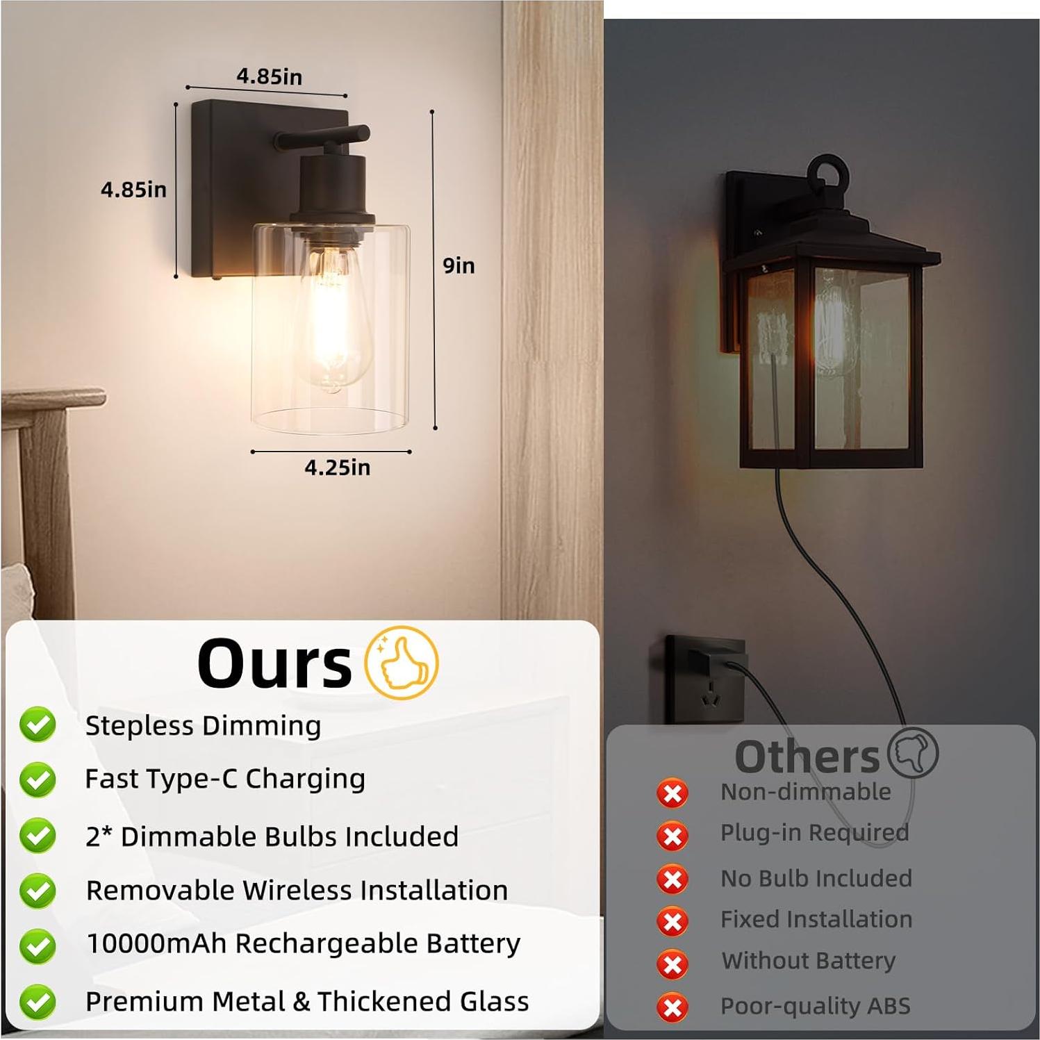 Battery Operated Wall Sconce Set of 2, Black Wireless Rechargeable Wall Mounted Lamp with Bulb, Modern Dimmable Indoor Non-Hardwired Decor Lighting Fixture for Bedroom Living Room Mirror Bathroom