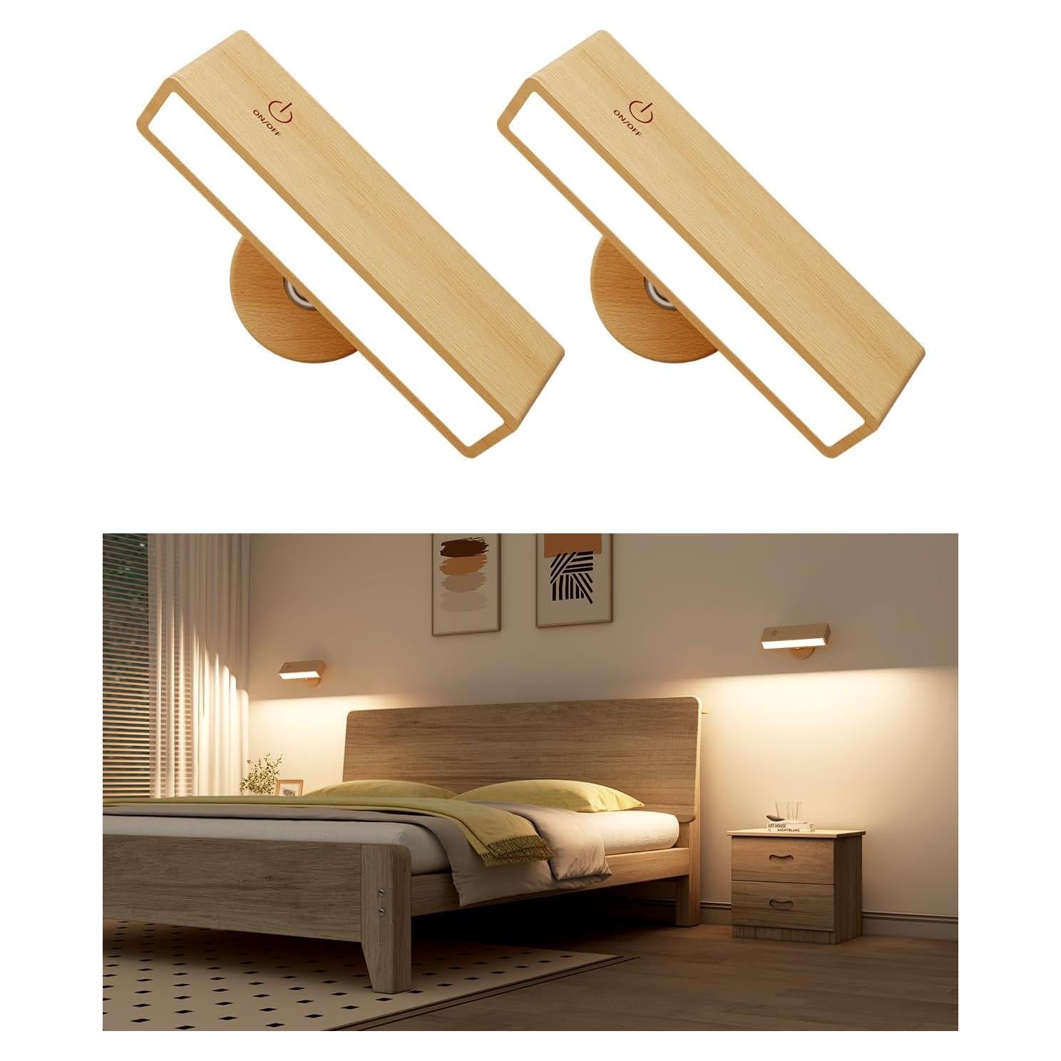 YiLaie Wall Sconces Battery Operated Set of Two,Rechargeable Wall Lamps for Bedroom,Wall Lights Wireless Dimmable,Wood Wall Sconce with 360 Rotation,Peel and Stick Wall Sconces for Bedroom Bedside