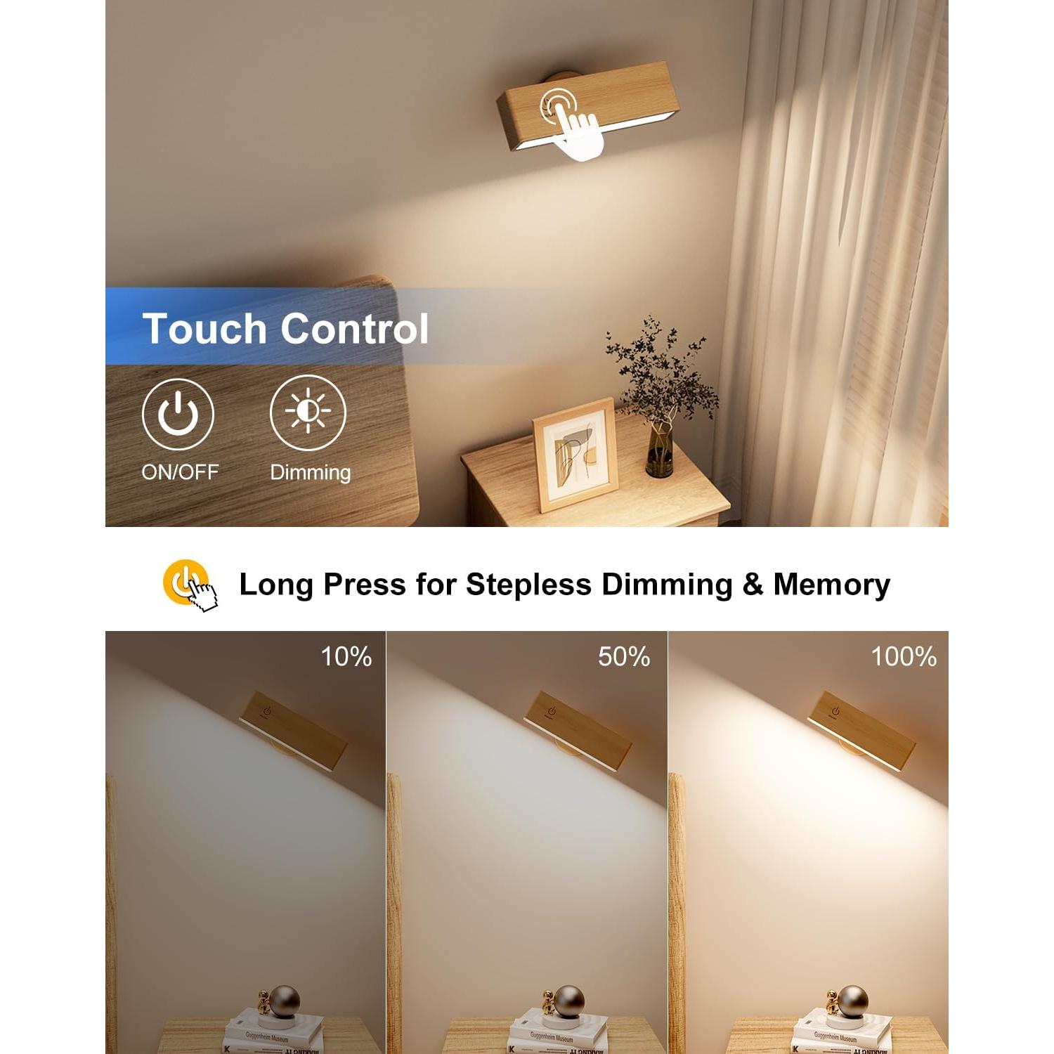 YiLaie Wall Sconces Battery Operated Set of Two,Rechargeable Wall Lamps for Bedroom,Wall Lights Wireless Dimmable,Wood Wall Sconce with 360 Rotation,Peel and Stick Wall Sconces for Bedroom Bedside