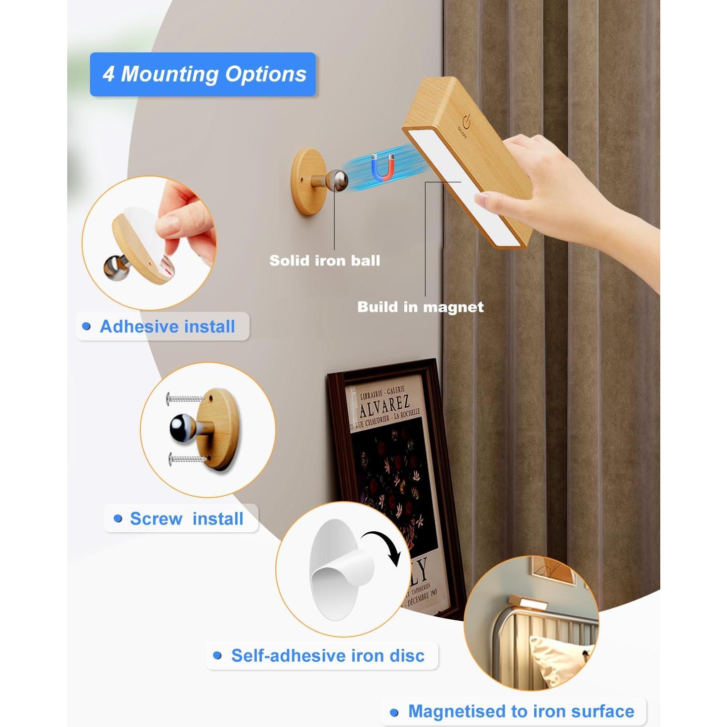 YiLaie Wall Sconces Battery Operated Set of Two,Rechargeable Wall Lamps for Bedroom,Wall Lights Wireless Dimmable,Wood Wall Sconce with 360 Rotation,Peel and Stick Wall Sconces for Bedroom Bedside