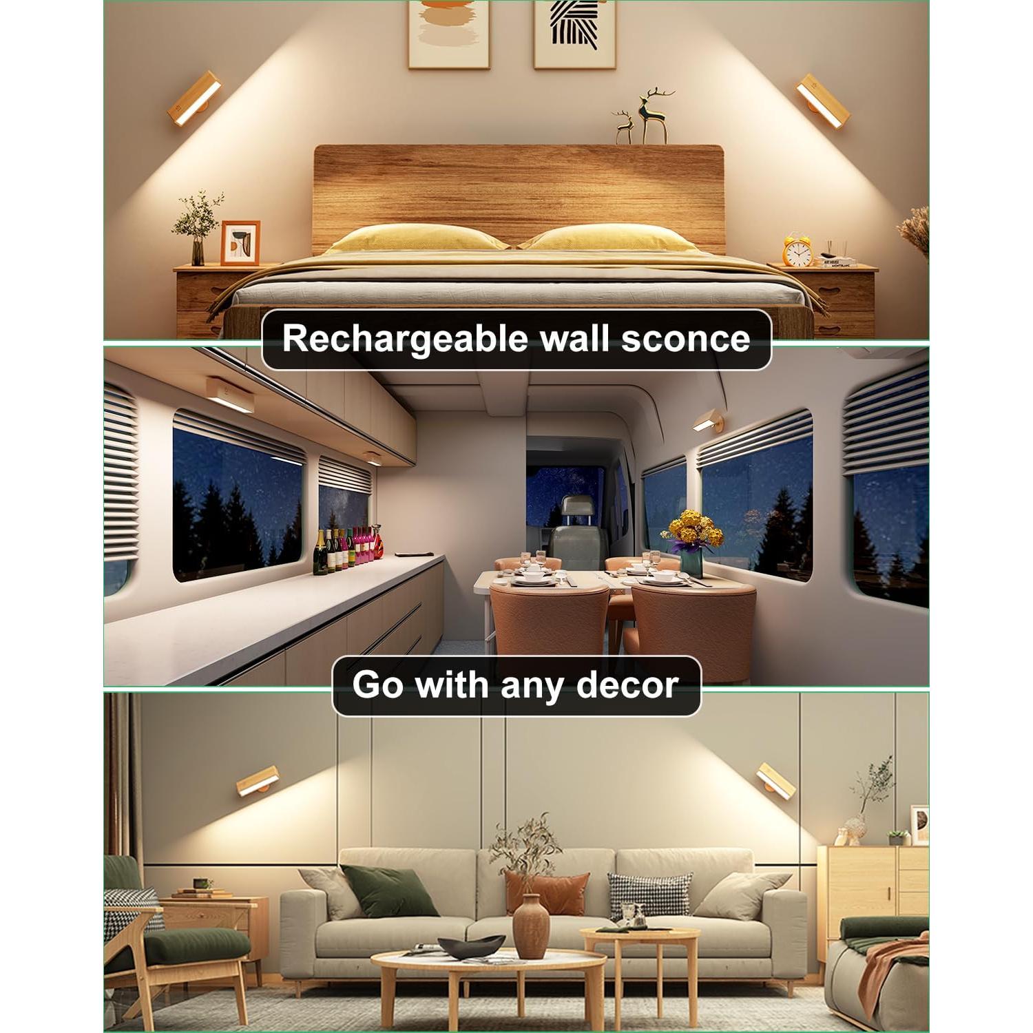 YiLaie Wall Sconces Battery Operated Set of Two,Rechargeable Wall Lamps for Bedroom,Wall Lights Wireless Dimmable,Wood Wall Sconce with 360 Rotation,Peel and Stick Wall Sconces for Bedroom Bedside