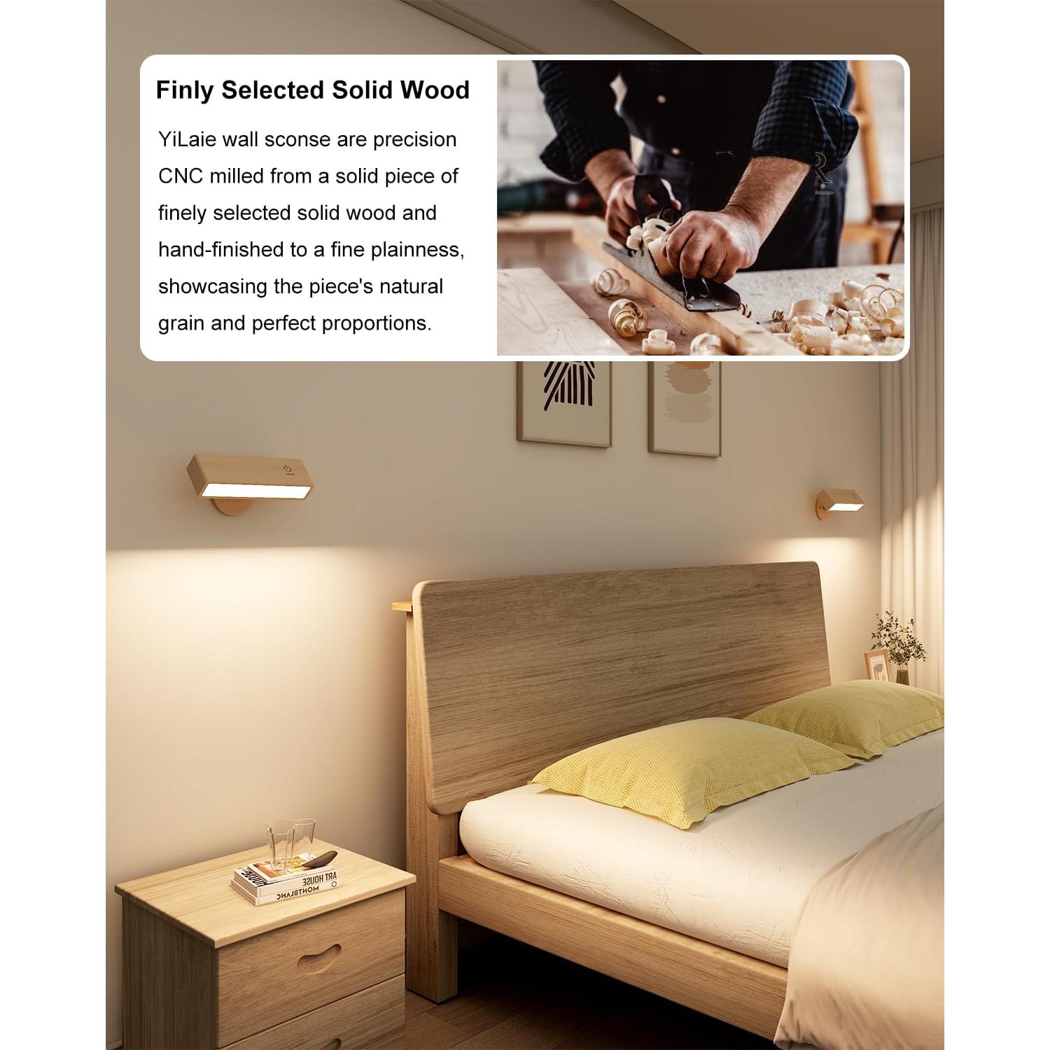 YiLaie Wall Sconces Battery Operated Set of Two,Rechargeable Wall Lamps for Bedroom,Wall Lights Wireless Dimmable,Wood Wall Sconce with 360 Rotation,Peel and Stick Wall Sconces for Bedroom Bedside