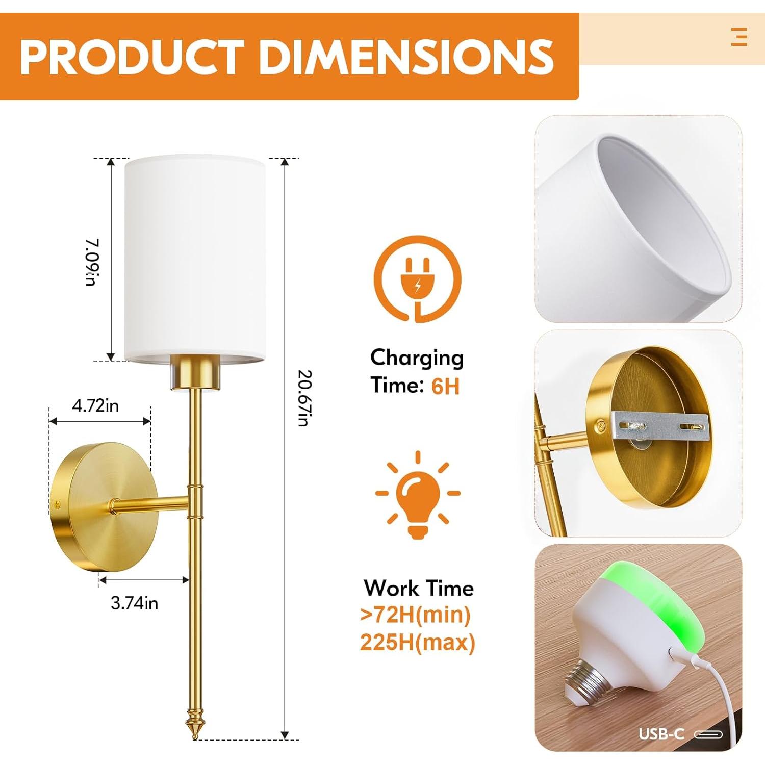 Conjunto 2 Apliques de Pared Inalámbricos NIORSUN Dorados