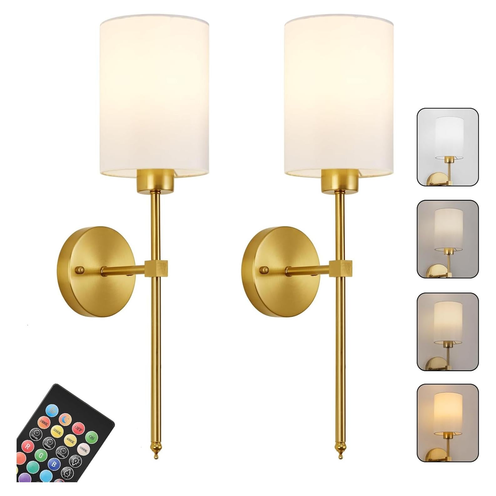 Battery Operated Wall Sconces Set of Two,Wireless Rechargeable Wall Light With Remote Control, Dimmable, Amber Light/Warm White/Natural White/Daylight/RGB, Timer,for Living Room,Bedroom,Entryway,Gold