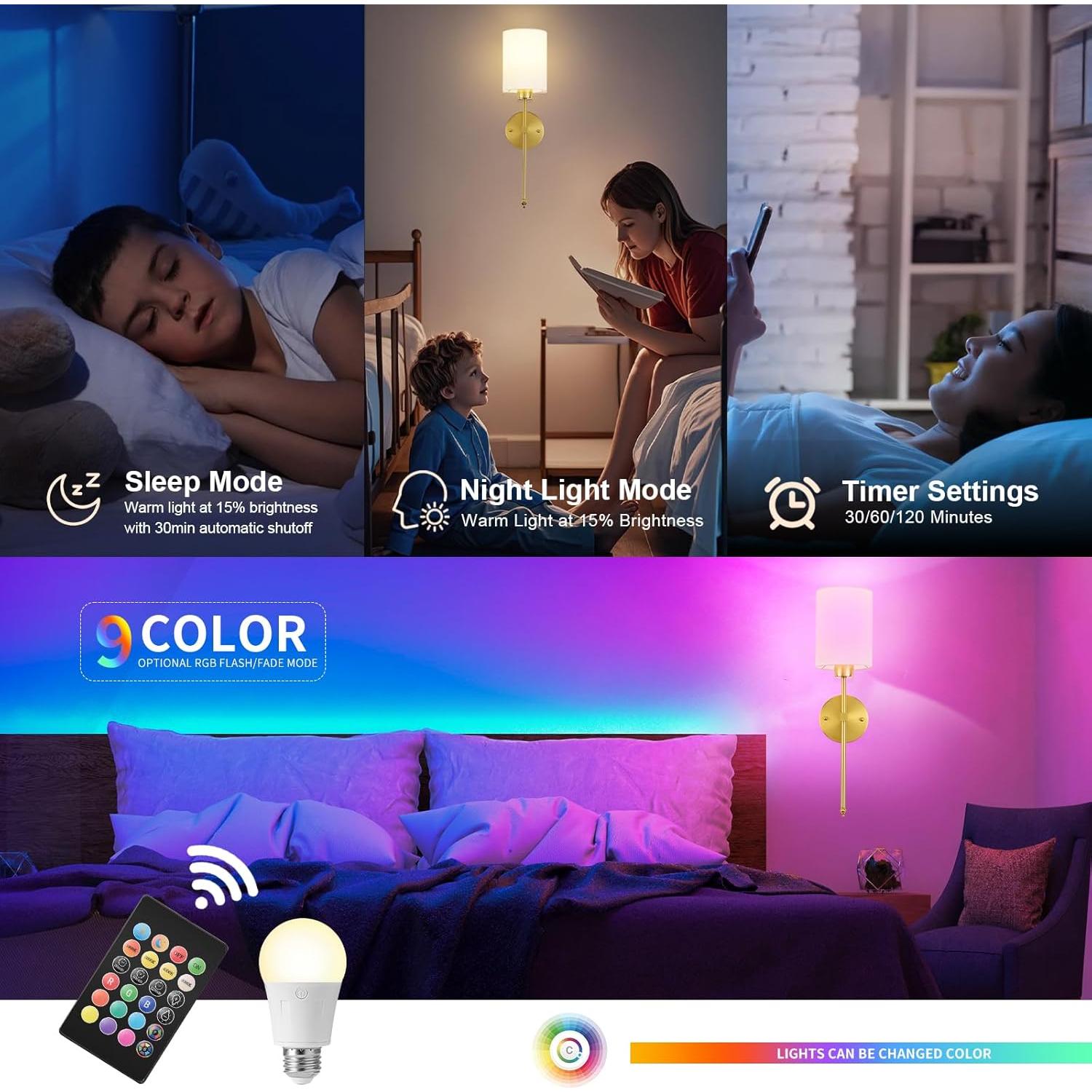 Battery Operated Wall Sconces Set of Two,Wireless Rechargeable Wall Light With Remote Control, Dimmable, Amber Light/Warm White/Natural White/Daylight/RGB, Timer,for Living Room,Bedroom,Entryway,Gold