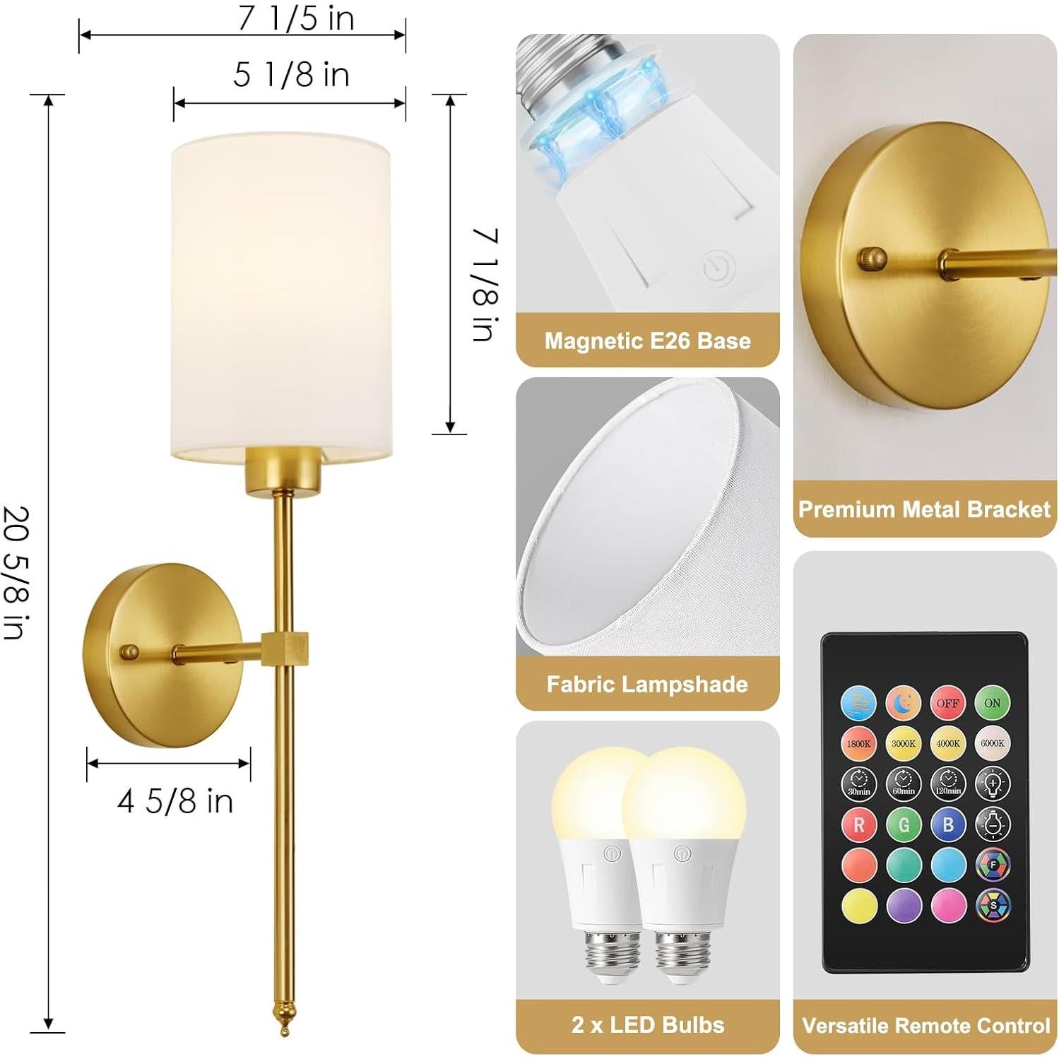 Battery Operated Wall Sconces Set of Two,Wireless Rechargeable Wall Light With Remote Control, Dimmable, Amber Light/Warm White/Natural White/Daylight/RGB, Timer,for Living Room,Bedroom,Entryway,Gold