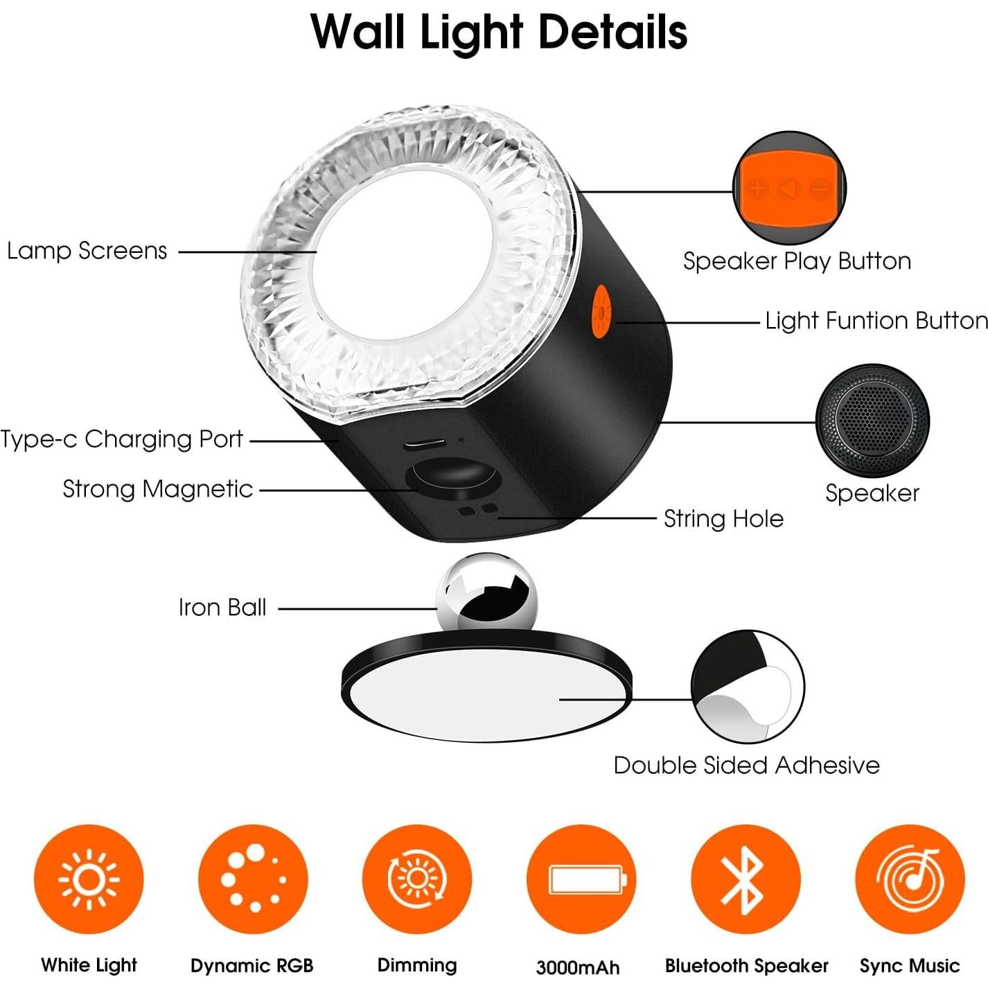 Luz de Pared LED Amagle CL-ML01 con Altavoz Bluetooth 3000mAh