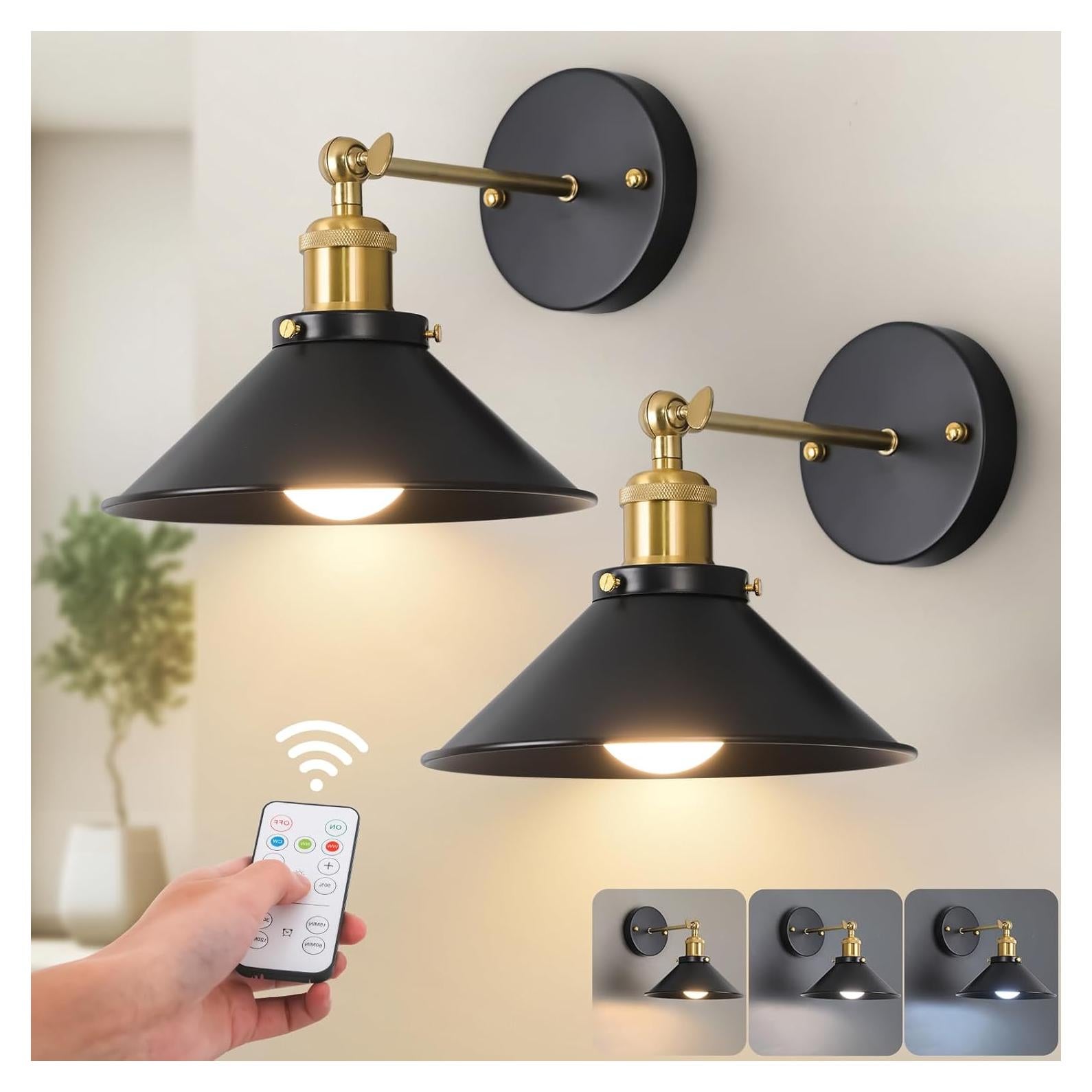 Black & Gold Vintage Rechargeable Battery Operated Wall Sconces, Cordless Battery Powered Led Wall Lights Set of 2, Wall Lamp Fixture Indoor with Remote Control for Bedroom Farmhouse Gallery