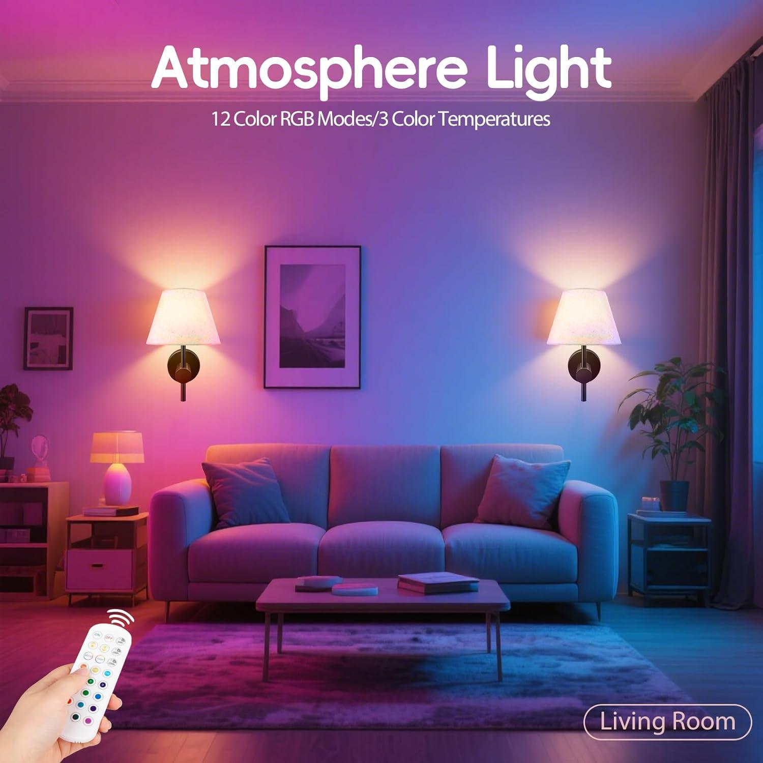 10000mAh Battery Operated Wall Sconces Set of Two with Remote, RGB Wireless Rechargeable Battery Powered Wall Light Black Wall Lamp, Night Light Magnetic Bulbs for Bedroom, Living Room