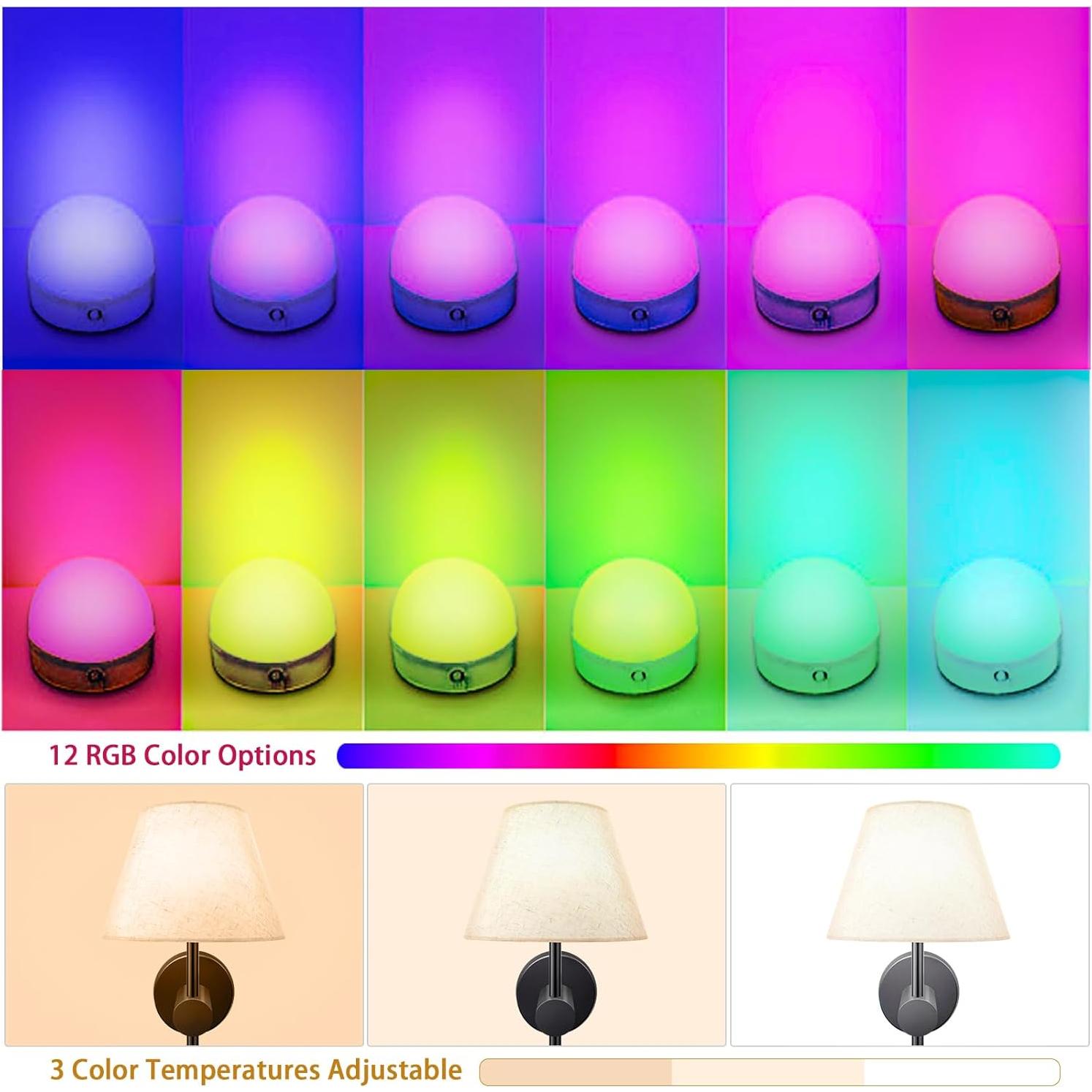 10000mAh Battery Operated Wall Sconces Set of Two with Remote, RGB Wireless Rechargeable Battery Powered Wall Light Black Wall Lamp, Night Light Magnetic Bulbs for Bedroom, Living Room