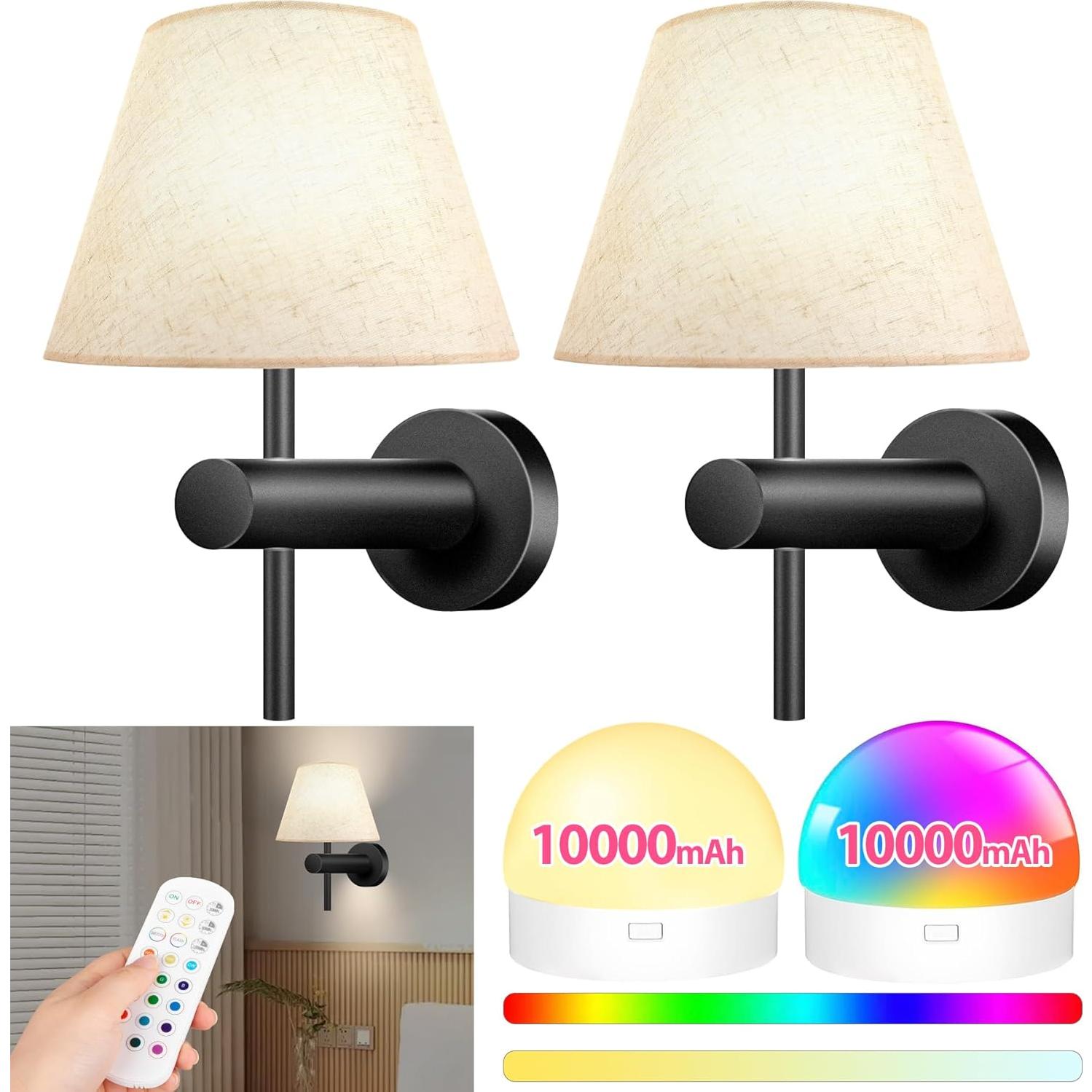 10000mAh Battery Operated Wall Sconces Set of Two with Remote, RGB Wireless Rechargeable Battery Powered Wall Light Black Wall Lamp, Night Light Magnetic Bulbs for Bedroom, Living Room