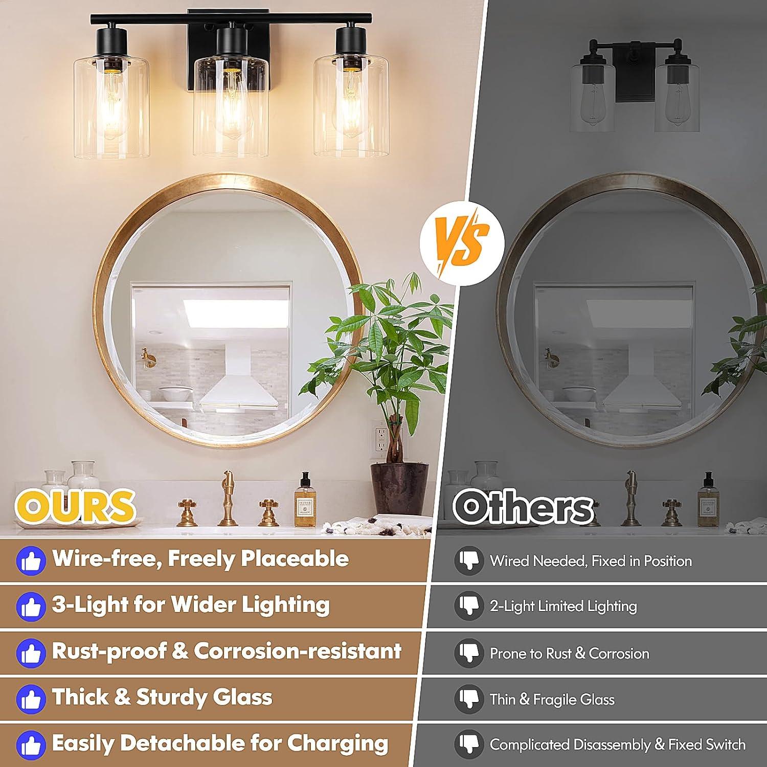 Aplique de Pared Inalámbrico Brightever Negro 3 Luces con Control Remoto