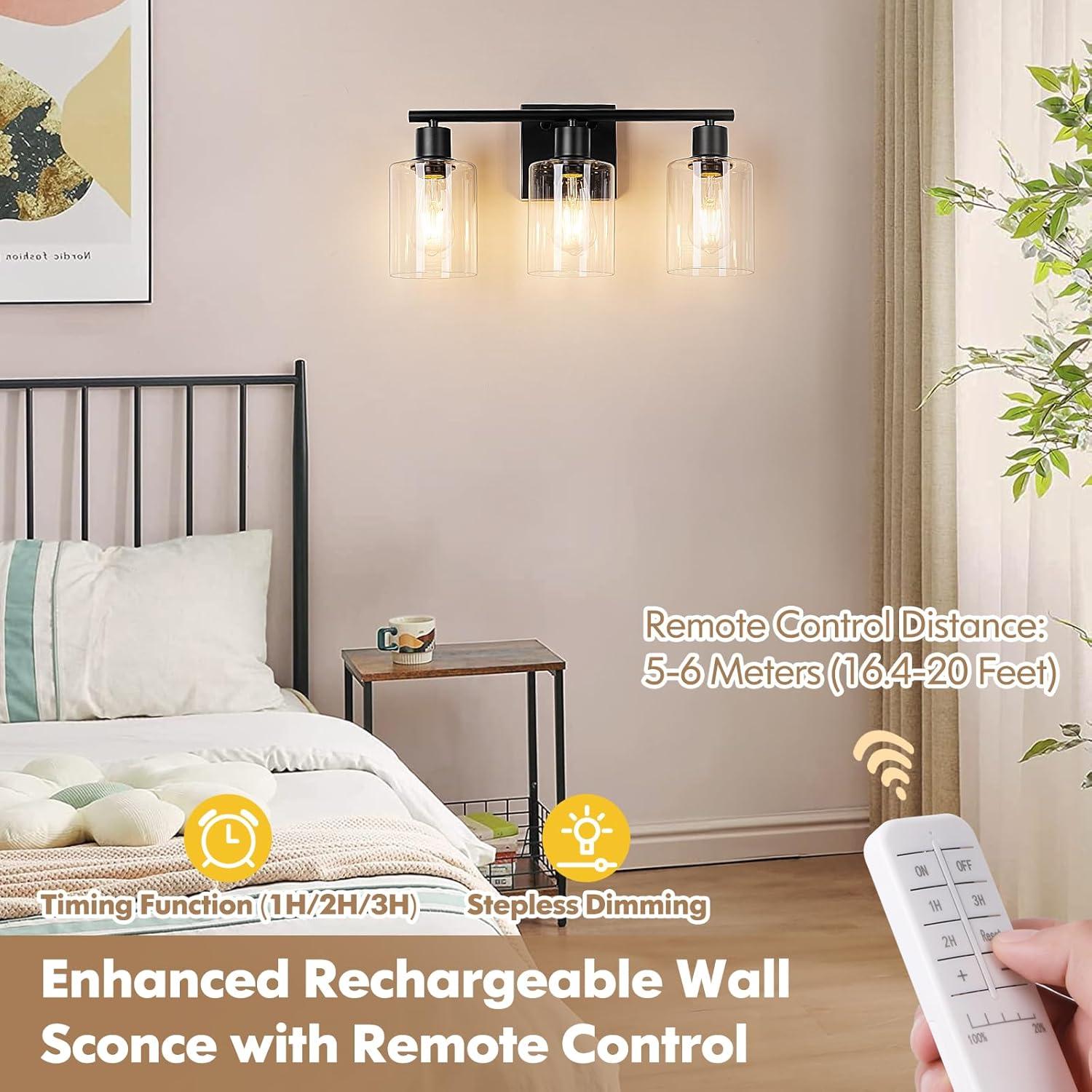 Aplique de Pared Inalámbrico Brightever Negro 3 Luces con Control Remoto