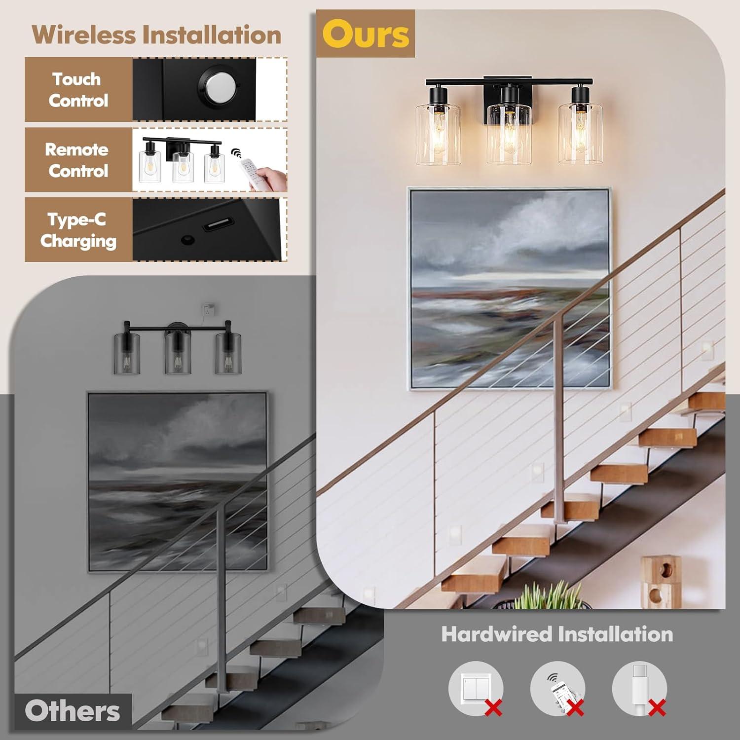 Aplique de Pared Inalámbrico Brightever Negro 3 Luces con Control Remoto