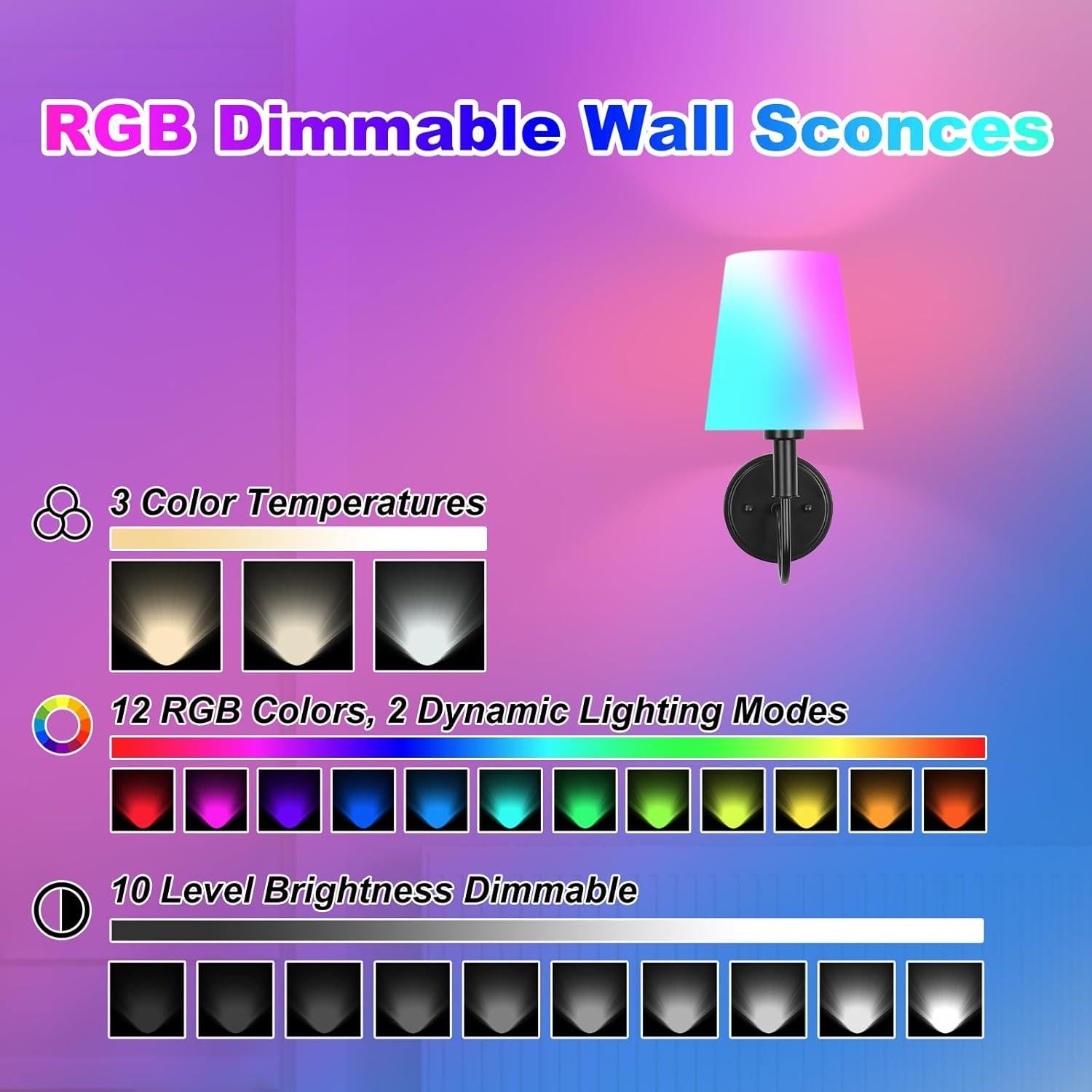 Aplique de pared recargable Odnora LED RGB con control remoto - 2 unidades