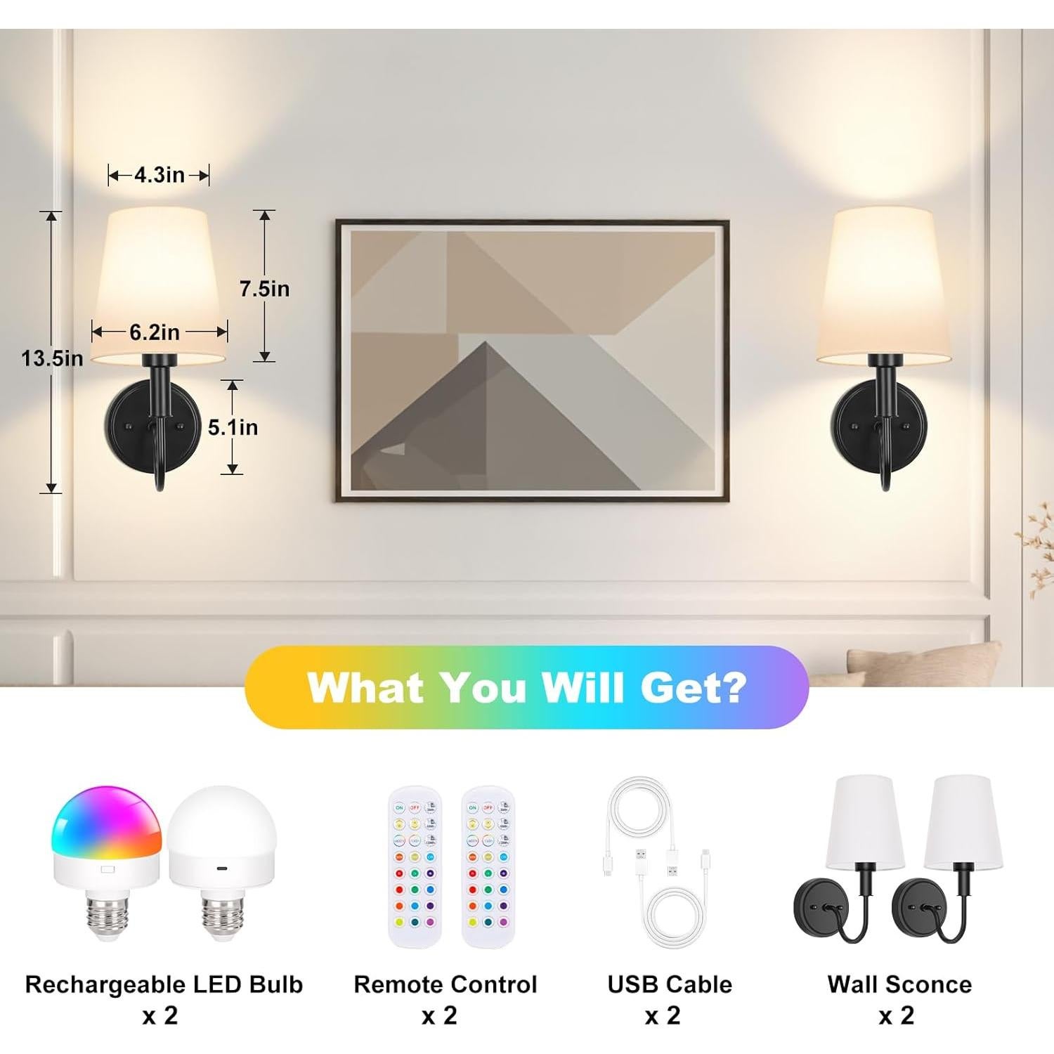 Aplique de pared recargable Odnora LED RGB con control remoto - 2 unidades