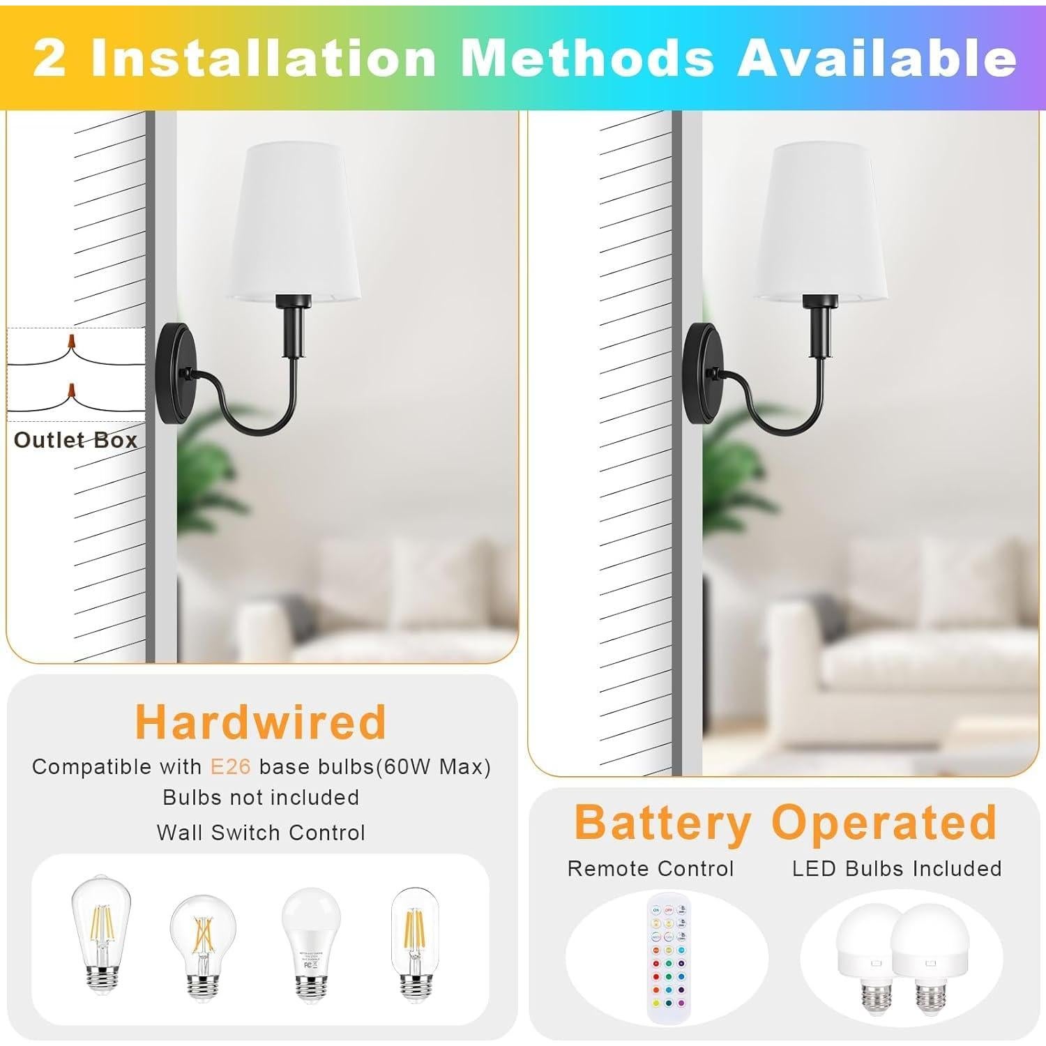 Aplique de pared recargable Odnora LED RGB con control remoto - 2 unidades