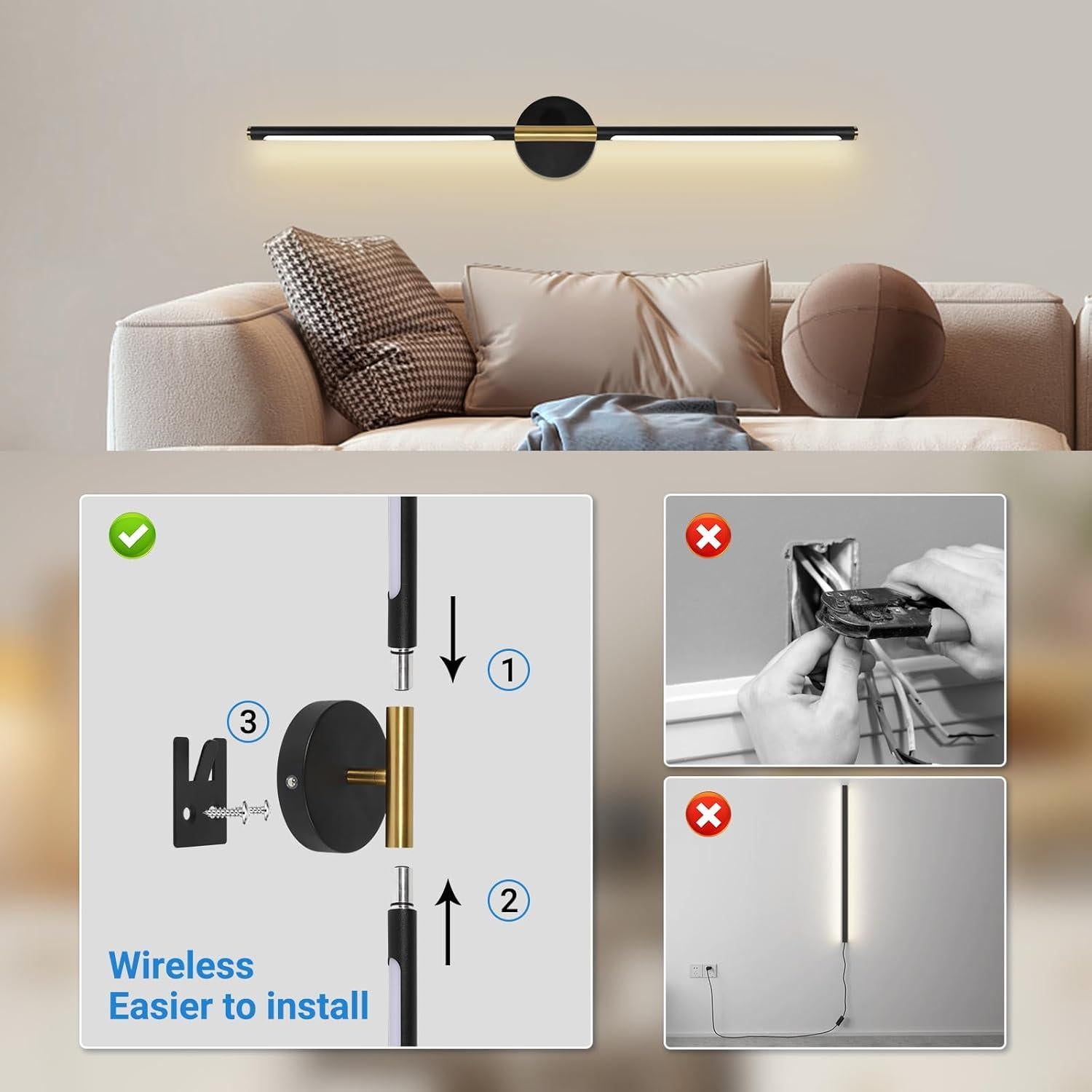 Juego de Apliques de Pared Inalámbricos TaoFiaCo 80 cm Negro/Dorado