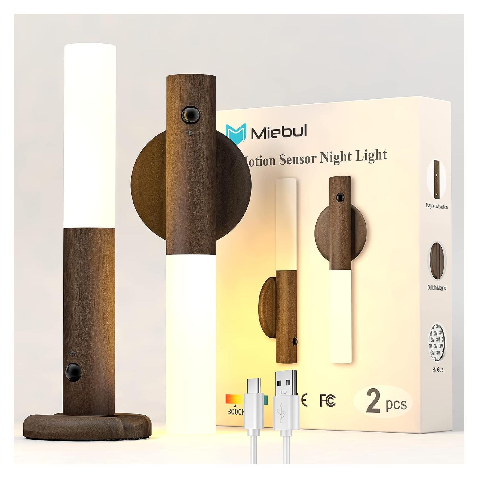 Luz de Sensor de Movimiento Miebul LED Recargable 2PCS Madera de Nogal