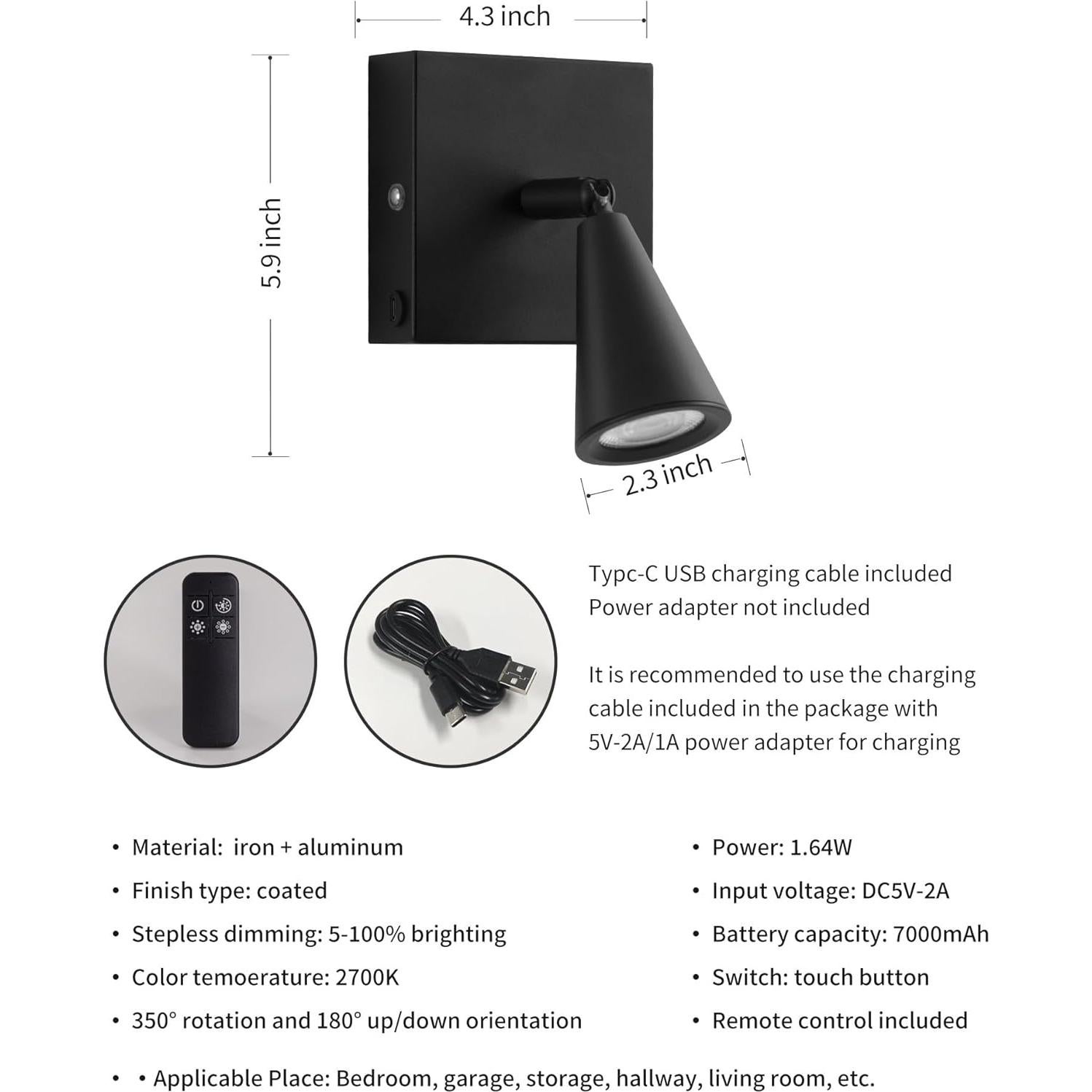 Juego de 2 Apliques de Pared LED Recargables NEWSEE Negro