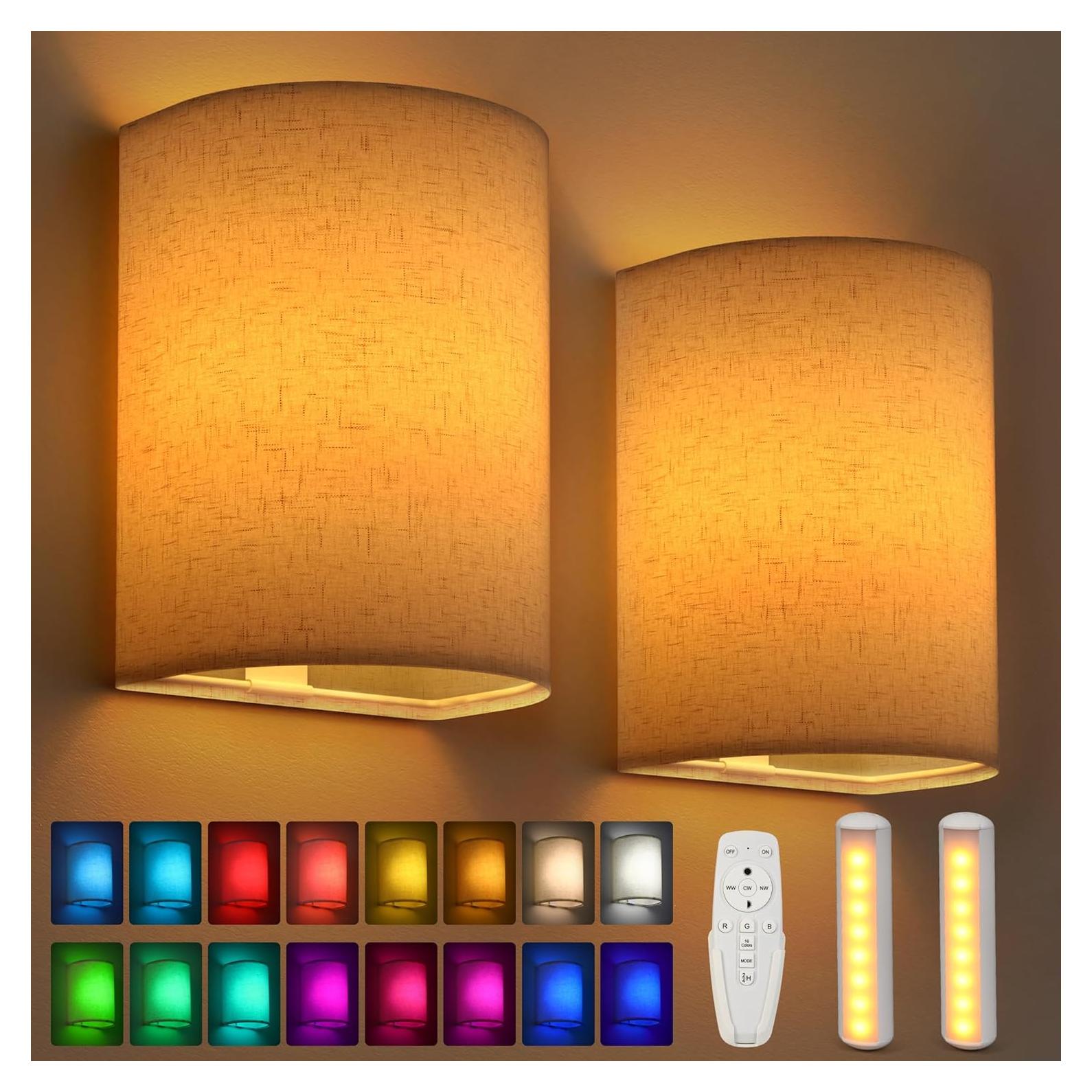 Rechargeable Battery Operated Wall Sconces Set of 2, Wireless LED Wall Night Lights with Remote & Timer, Linen Fabric Shade Cordless Indoor Wall Mount Lamp Lighting Fixtures for Bedroom Living Room