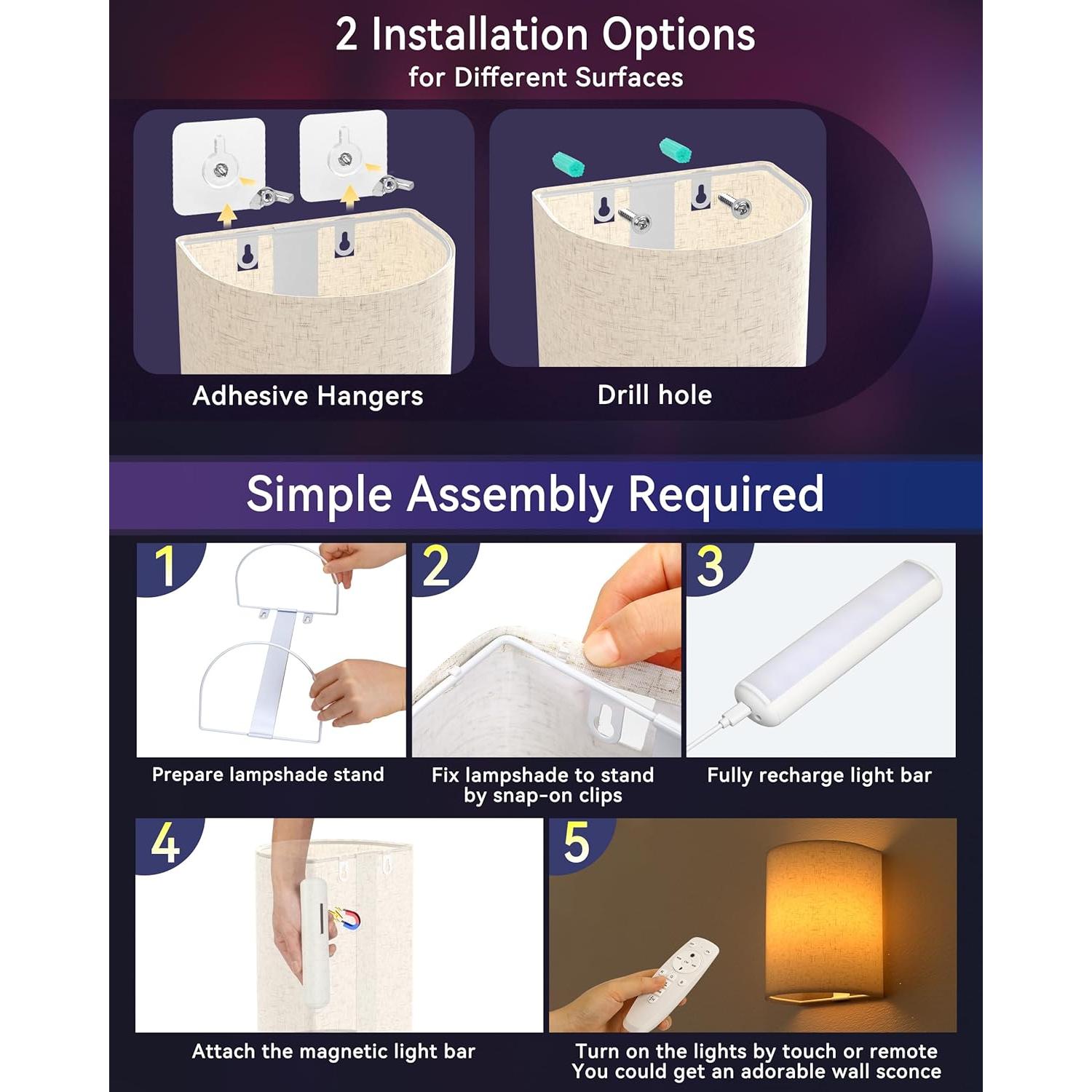 Rechargeable Battery Operated Wall Sconces Set of 2, Wireless LED Wall Night Lights with Remote & Timer, Linen Fabric Shade Cordless Indoor Wall Mount Lamp Lighting Fixtures for Bedroom Living Room