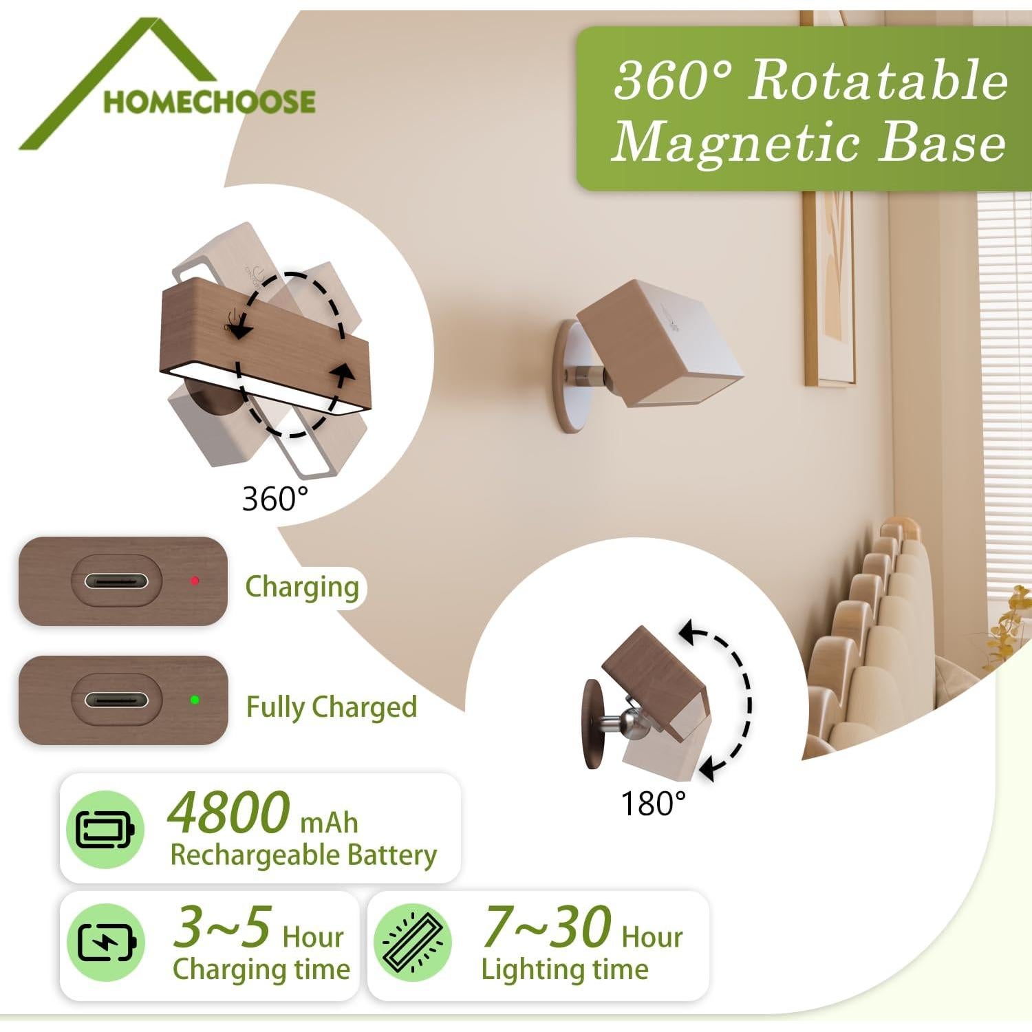 Apliques de Pared Recargables HOMECHOOSE 2-Pack Nuez