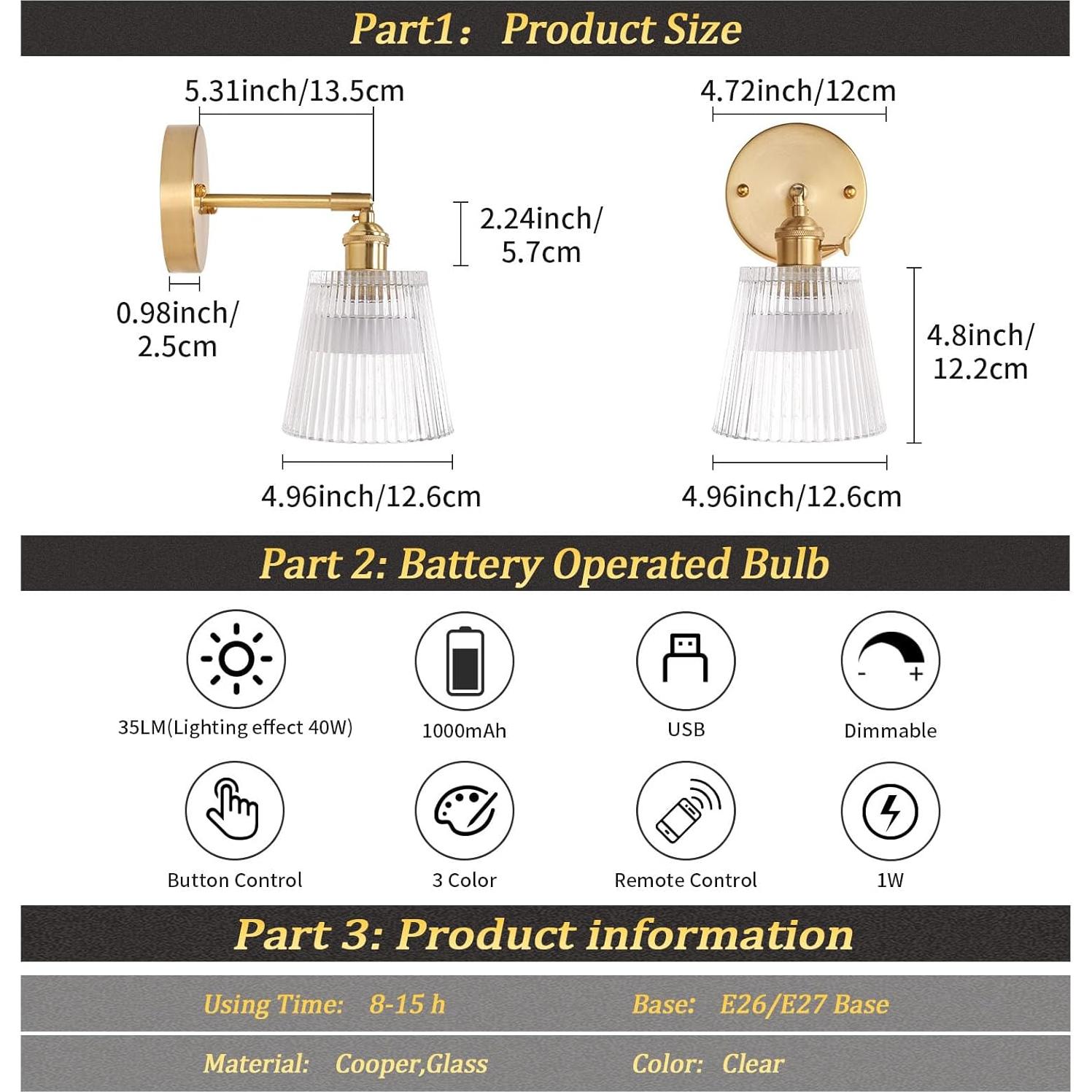 Aplique de Pared Vintage Shenmoyl con Pantalla de Vidrio y Control Remoto