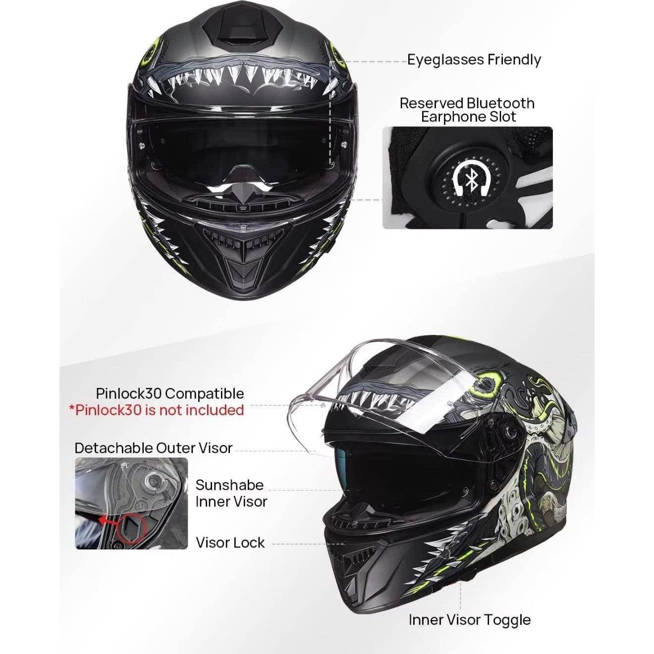 ILM Casco de Moto Doble Visor Modelo 861A Verde Profundo Mar XXL