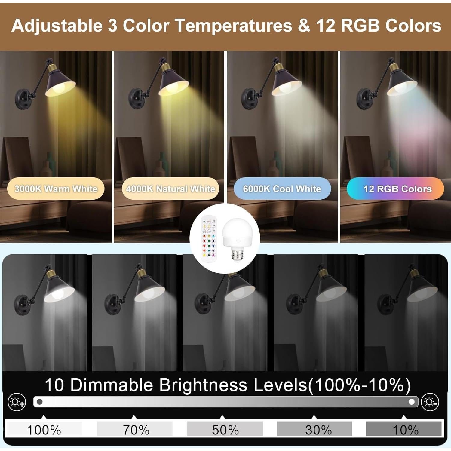 Aplique de Pared Inalámbrico TRLIFE, Juego de 2, Regulable y RGB