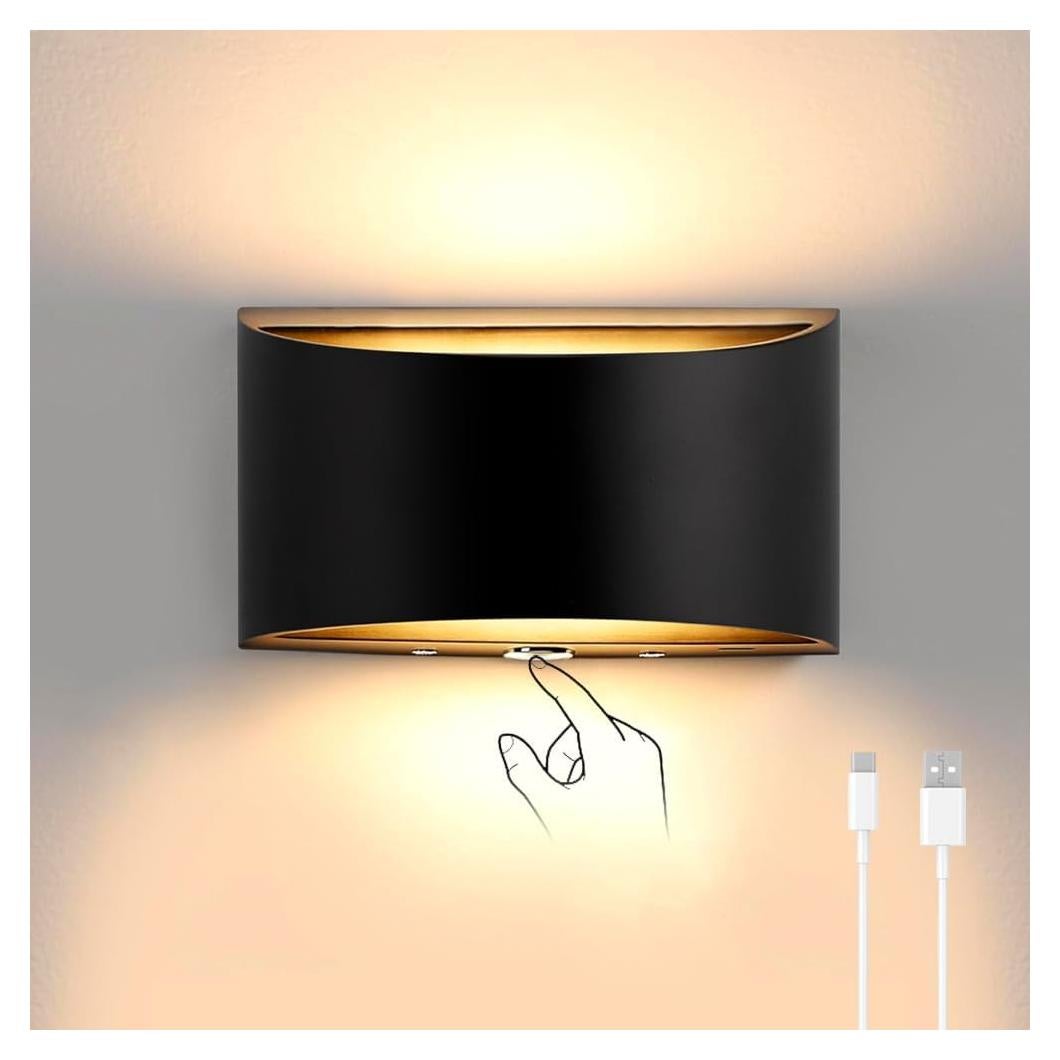 Aplique de Pared LED Recargable MSKEPSL, Luz Táctil Regulable Negra
