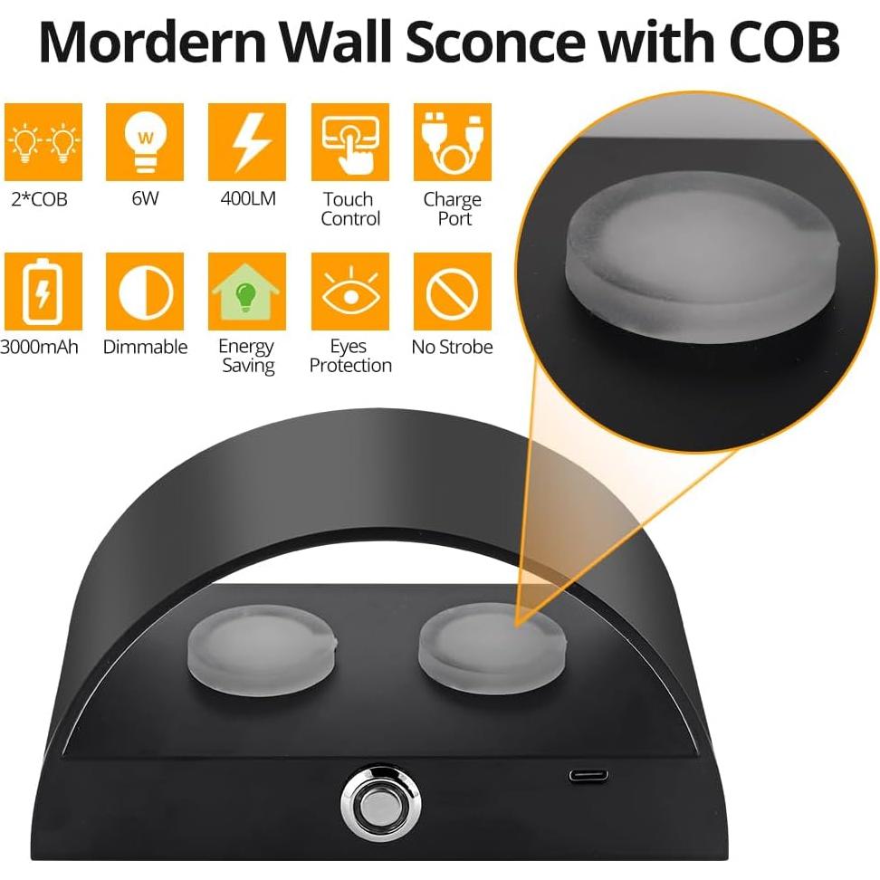 Aplique de Pared LED Recargable MSKEPSL, Luz Táctil Regulable Negra