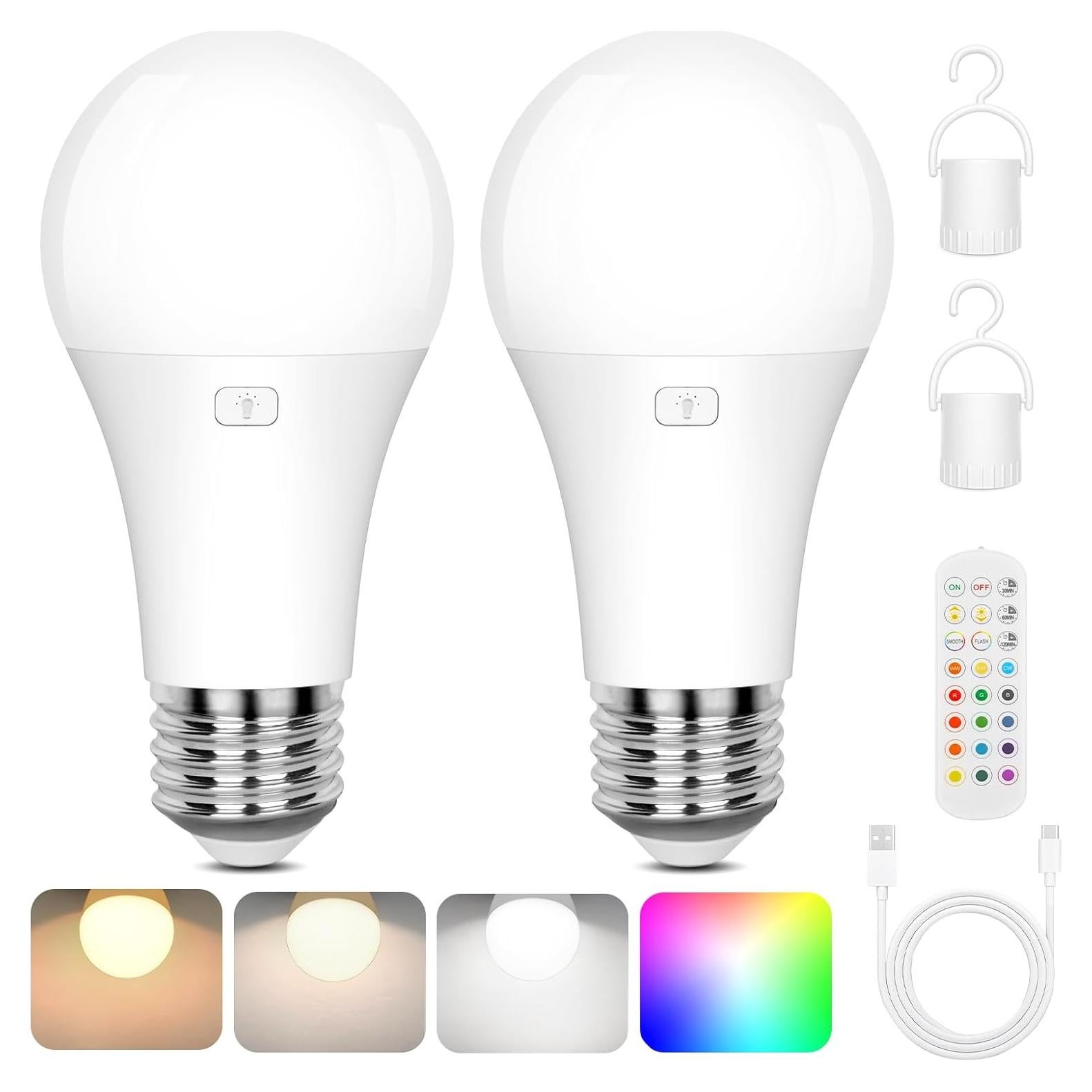 Bombilla LED Recargable A19 Yochoice 2 Paquetes 15 Colores