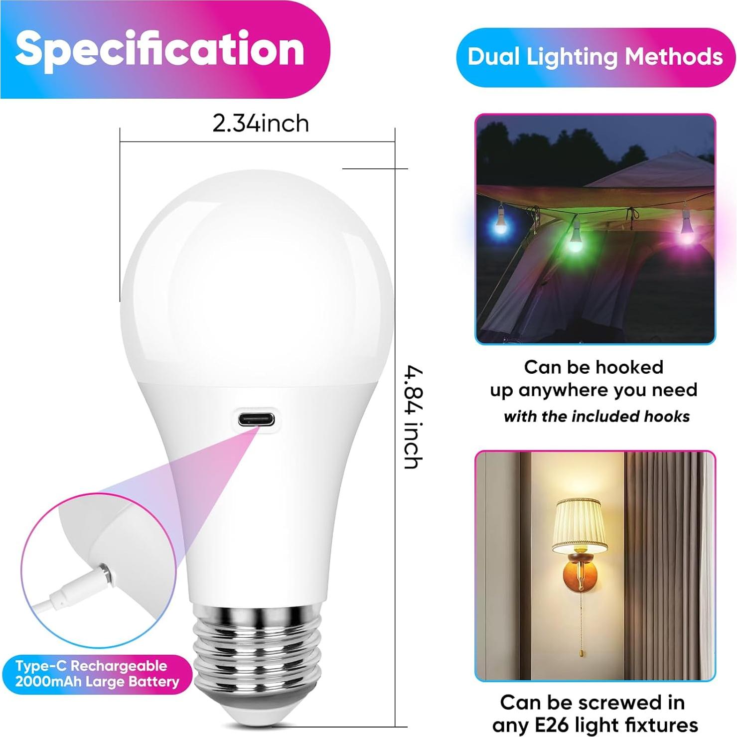 Bombilla LED Recargable A19 Yochoice 2 Paquetes 15 Colores