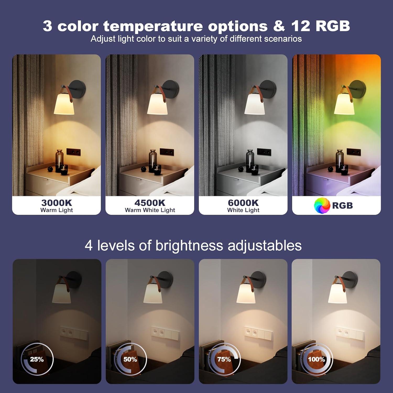 Juego de 2 apliques de pared recargables Weaboopre RGB