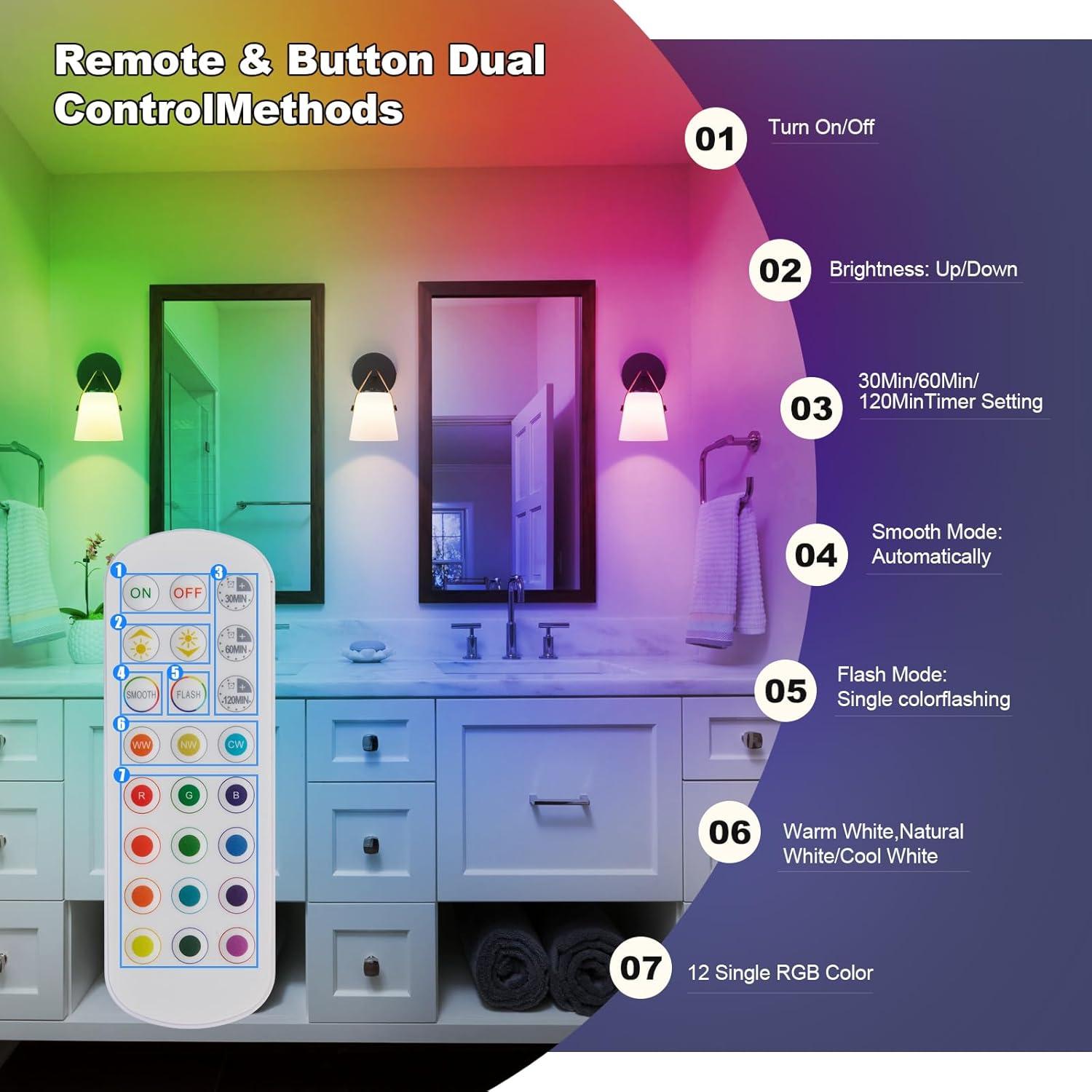 Juego de 2 apliques de pared recargables Weaboopre RGB