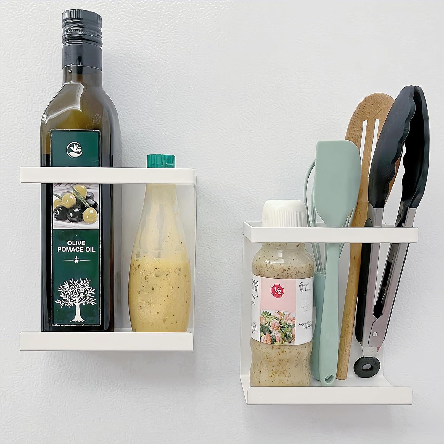 Magnetic Spice Rack for Refrigerator 2PCS, Spice Rack Organizer Perfect Space Saver for Kitchen, Holding Spice, Jars, Bottle, Cling Film, Cling Bag, Paper Towel, 2.68" W Metal Magnetic Shelf