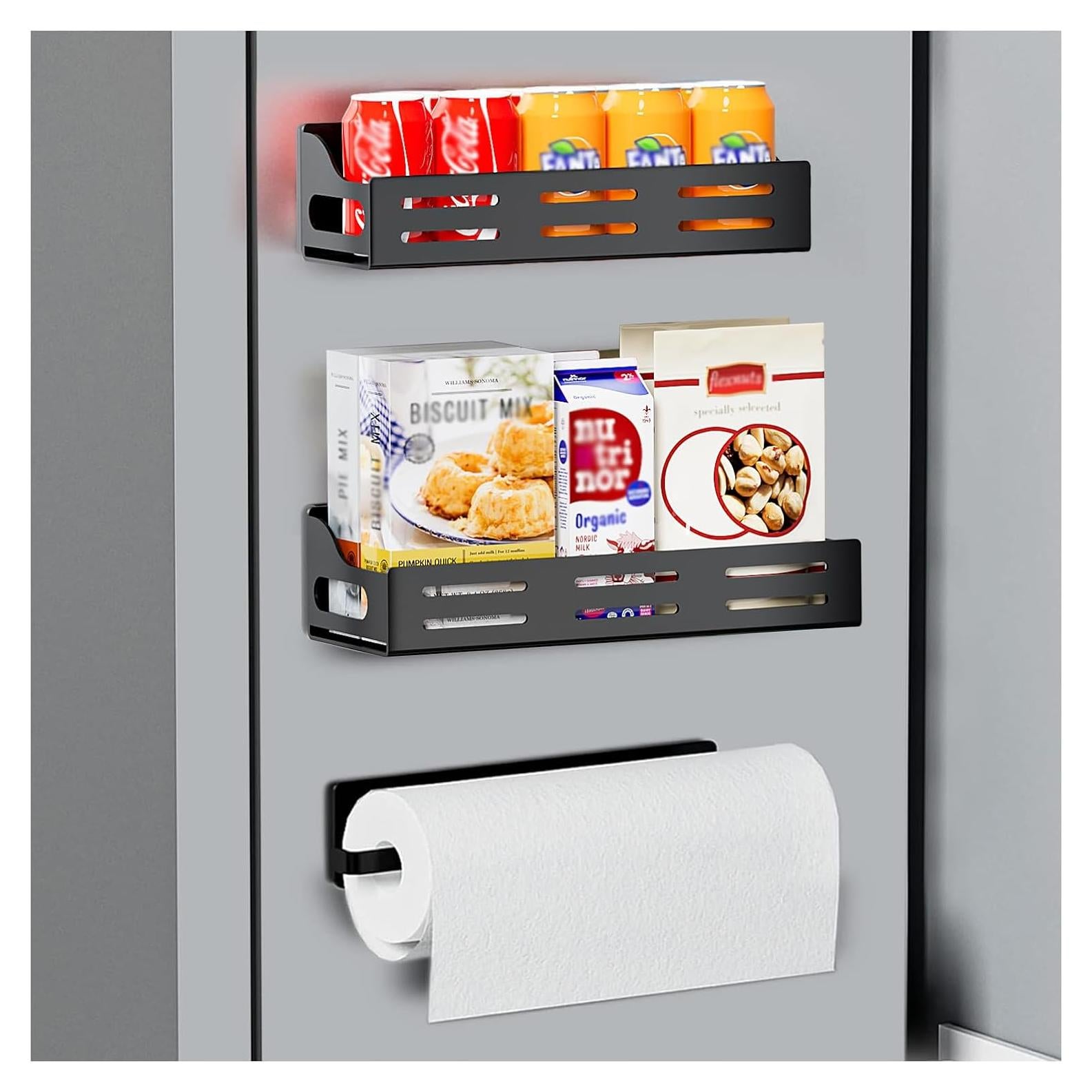 Carwiner 3 Pack Magnetic Spice Rack for Refrigerator with Paper Towel Holder, Magnetic Refrigerator Organizer, Strong Magnetic Fridge Shelf, Rustproof Side Fridge Storage Rack for Kitchen