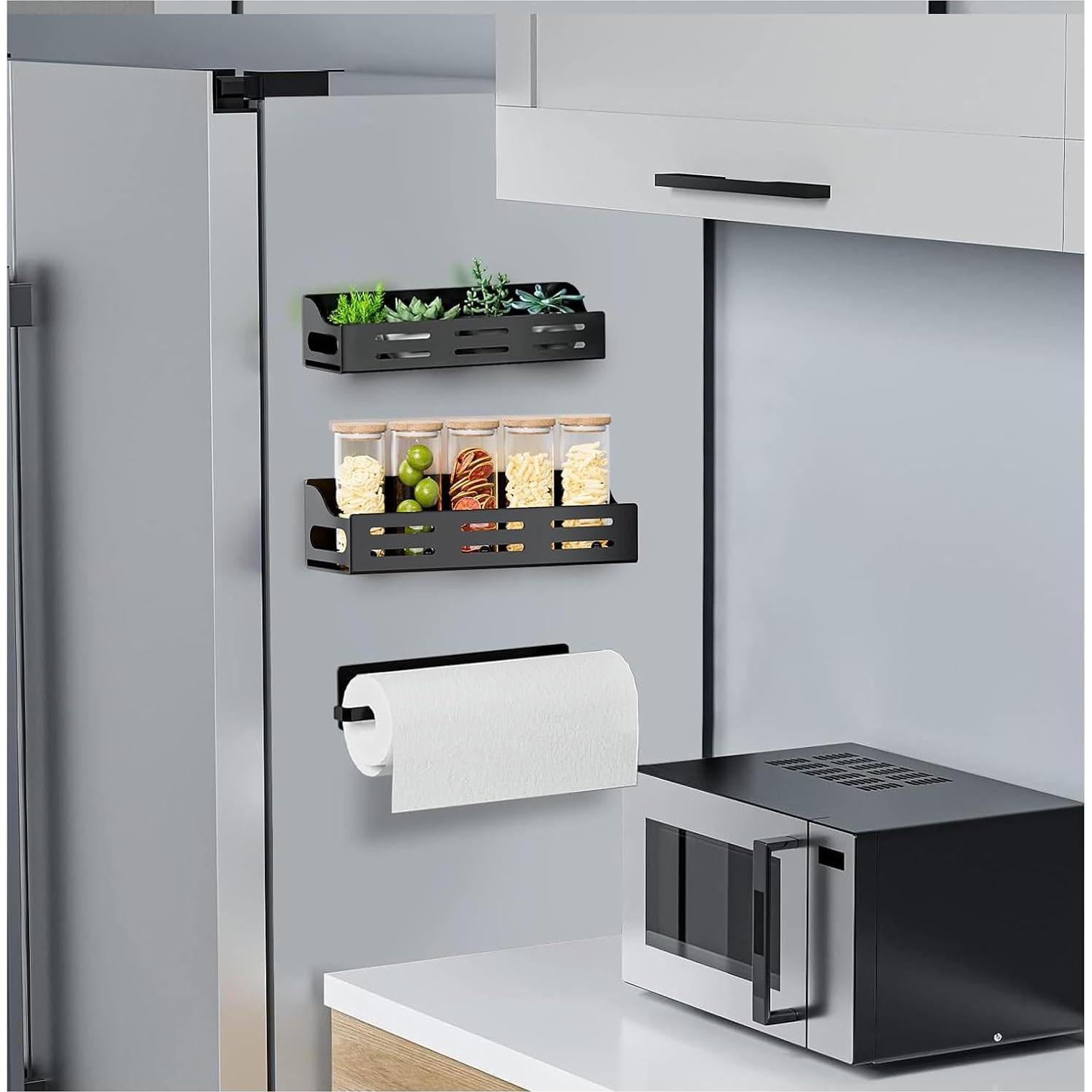 Carwiner 3 Pack Magnetic Spice Rack for Refrigerator with Paper Towel Holder, Magnetic Refrigerator Organizer, Strong Magnetic Fridge Shelf, Rustproof Side Fridge Storage Rack for Kitchen