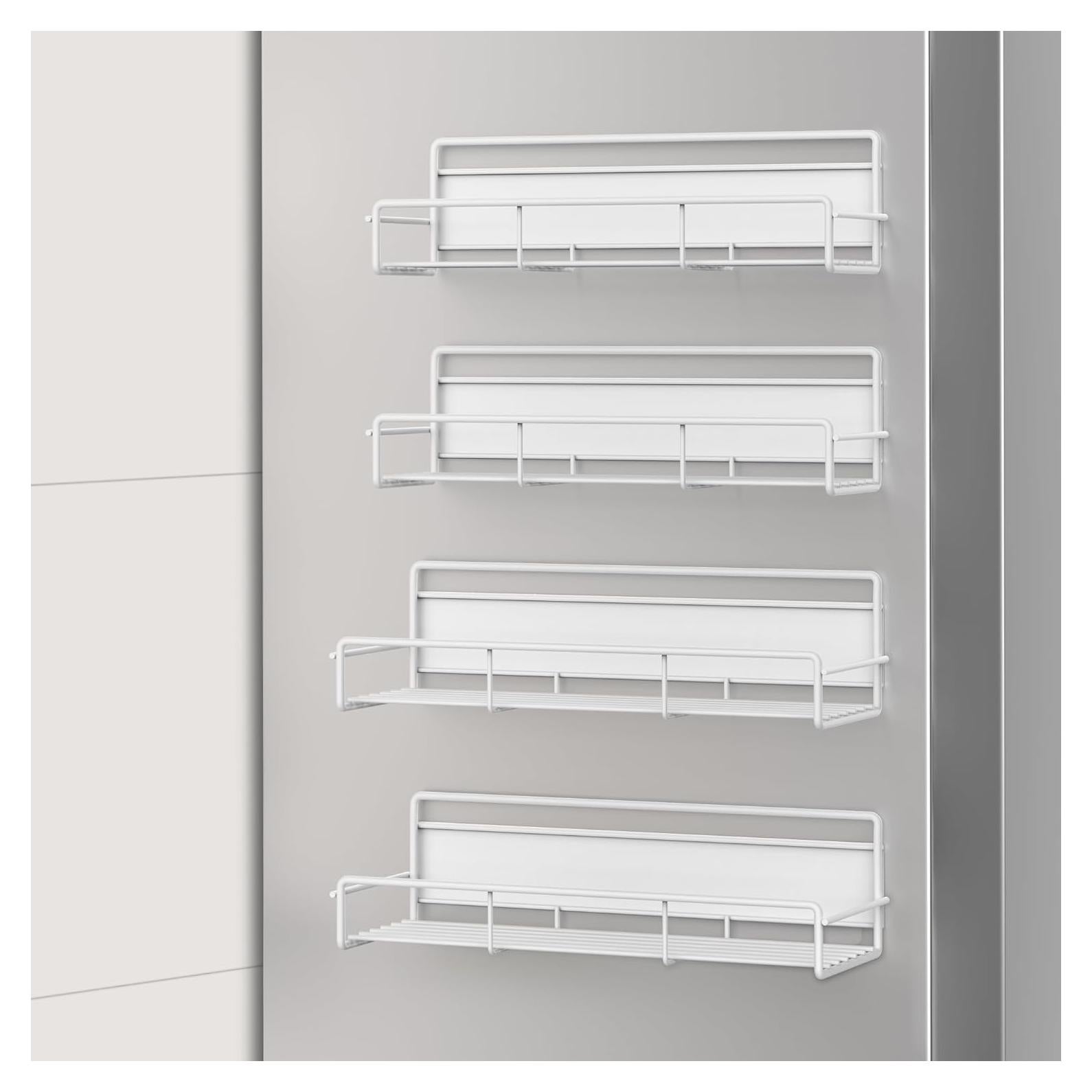 4 Pack Magnetic Spice Rack Organizer for Refrigerator and Microwave Oven, Metal Fridge Shelf for Kitchen, White