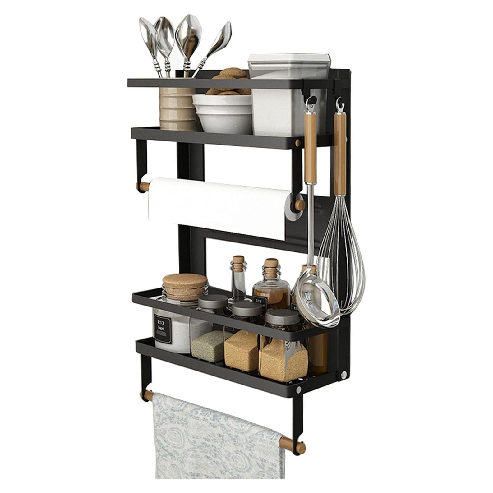 EASTTOWEST Magnetic Spice Rack,4 Tier Kitchen Magnetic Shelf for Refrigerator Fridge Organizer with 2 Paper Towel Holders and 5 Removable Hooks,Matte Black
