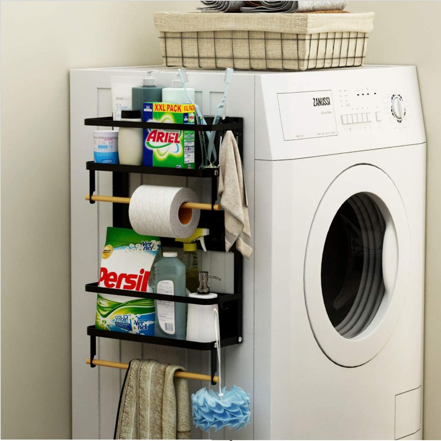 EASTTOWEST Magnetic Spice Rack,4 Tier Kitchen Magnetic Shelf for Refrigerator Fridge Organizer with 2 Paper Towel Holders and 5 Removable Hooks,Matte Black