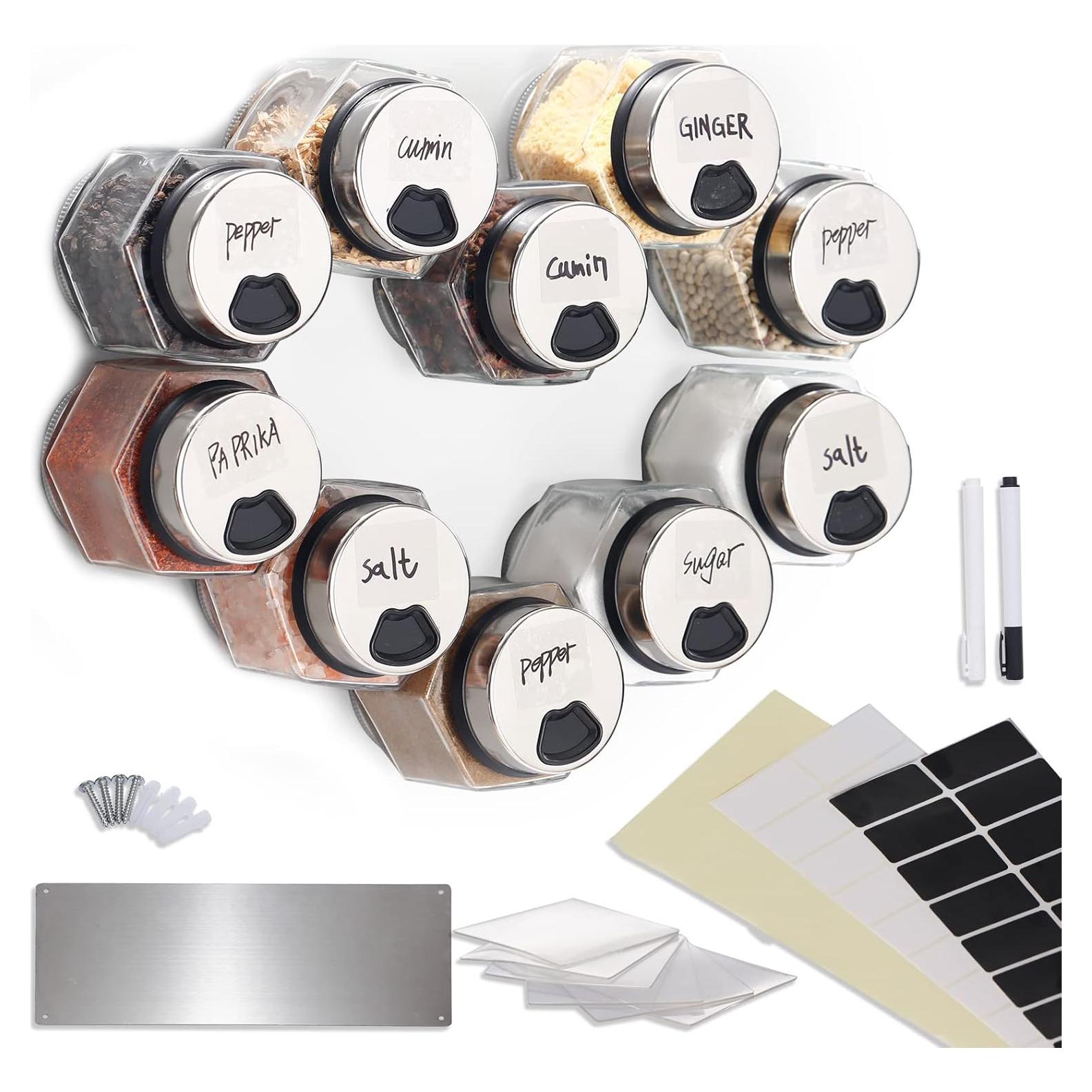 10 Tarros de Especias Magnéticos OPTWISELY 5oz Hexagonales