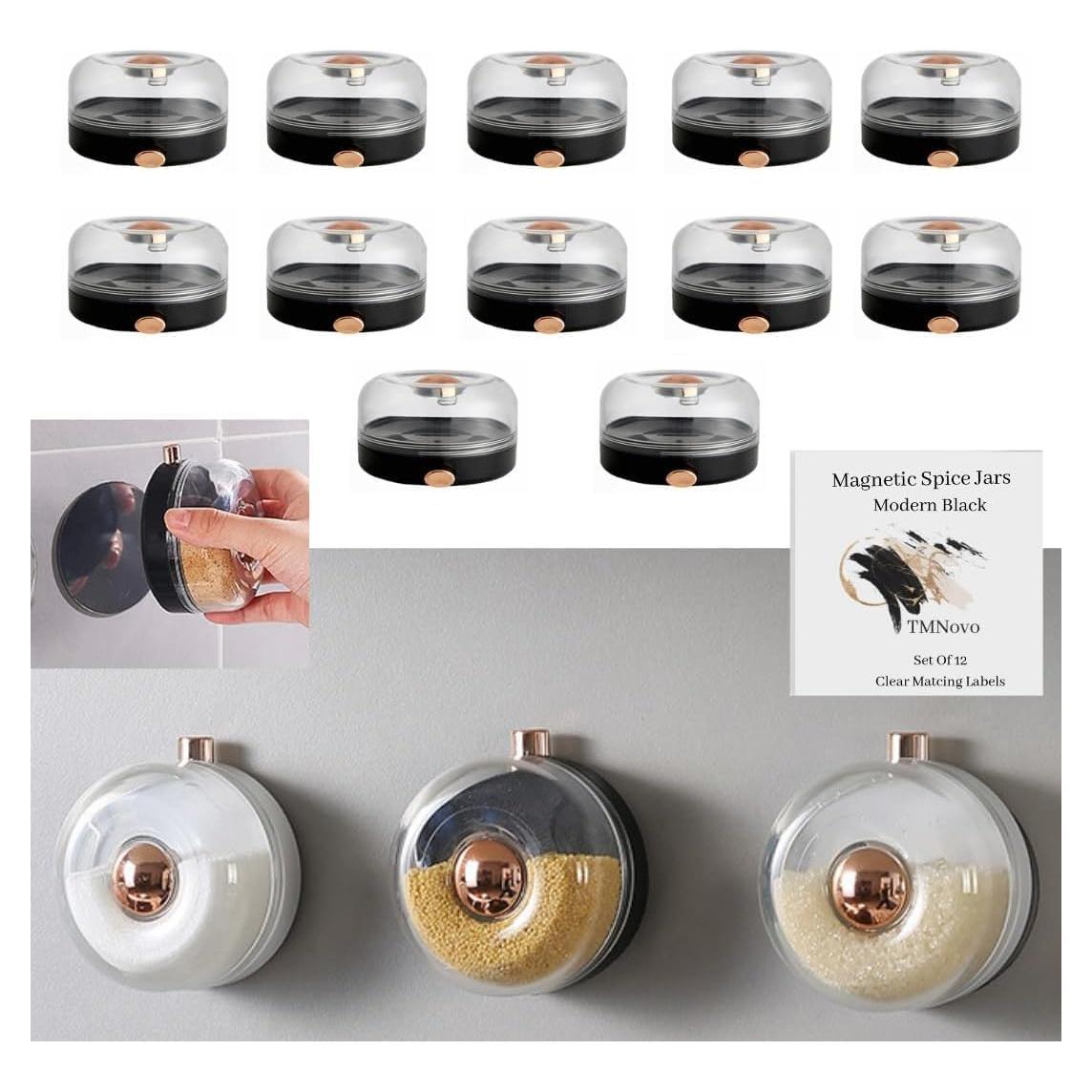 Set de 12 Tarros de Especias Magnéticos TMNovo 118ml Negro