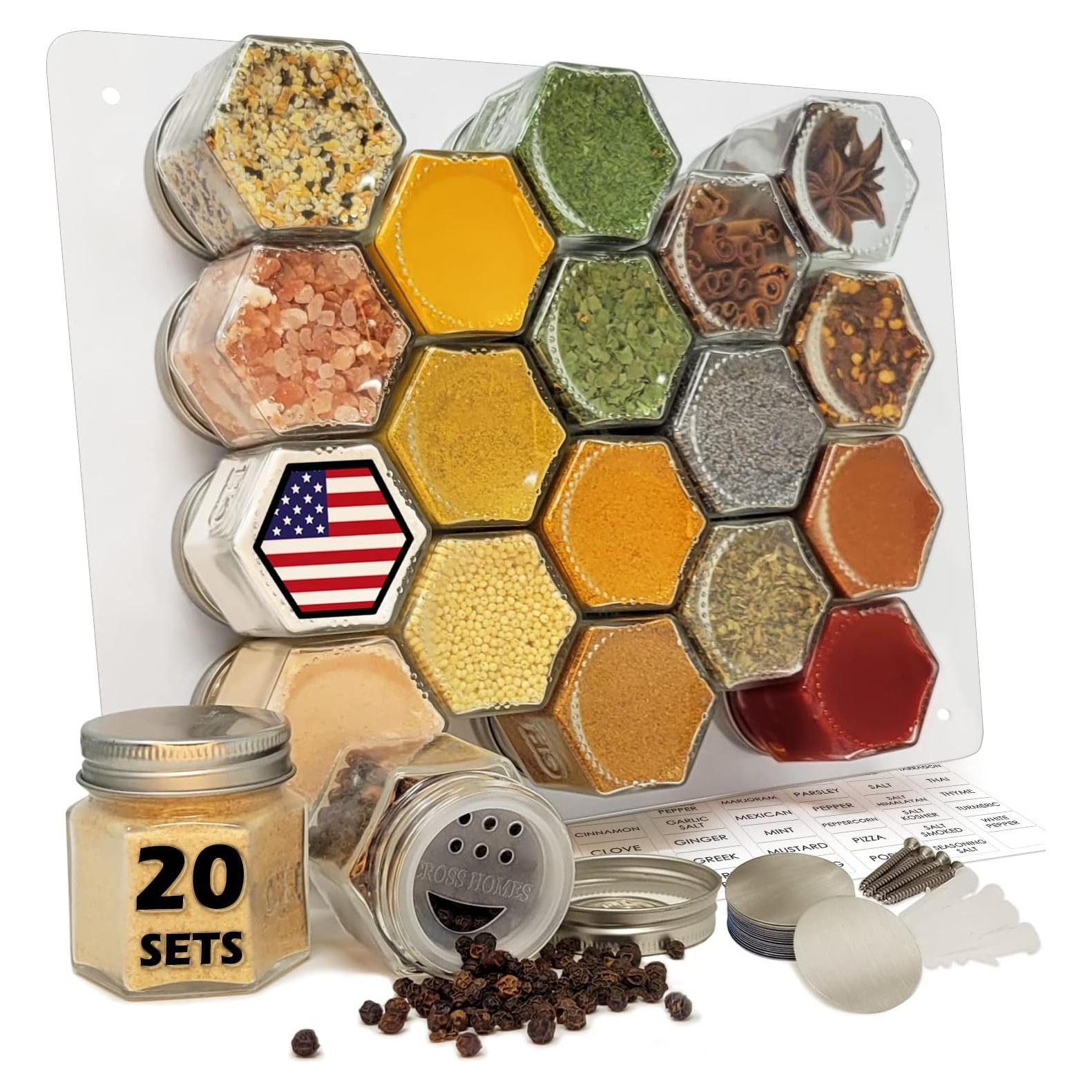 Tarros de Especias Magnéticos de Vidrio Hexagonales 20 Unidades