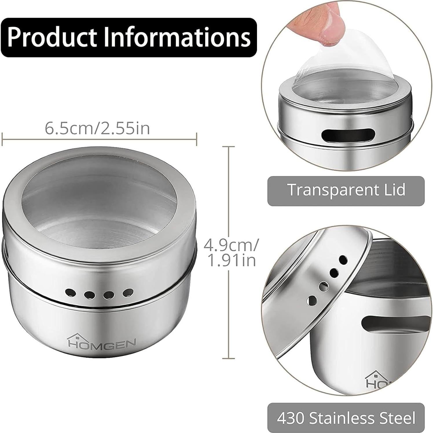 Juego de 12 Tarros de Especias Magnéticos HOMGEN 100ml